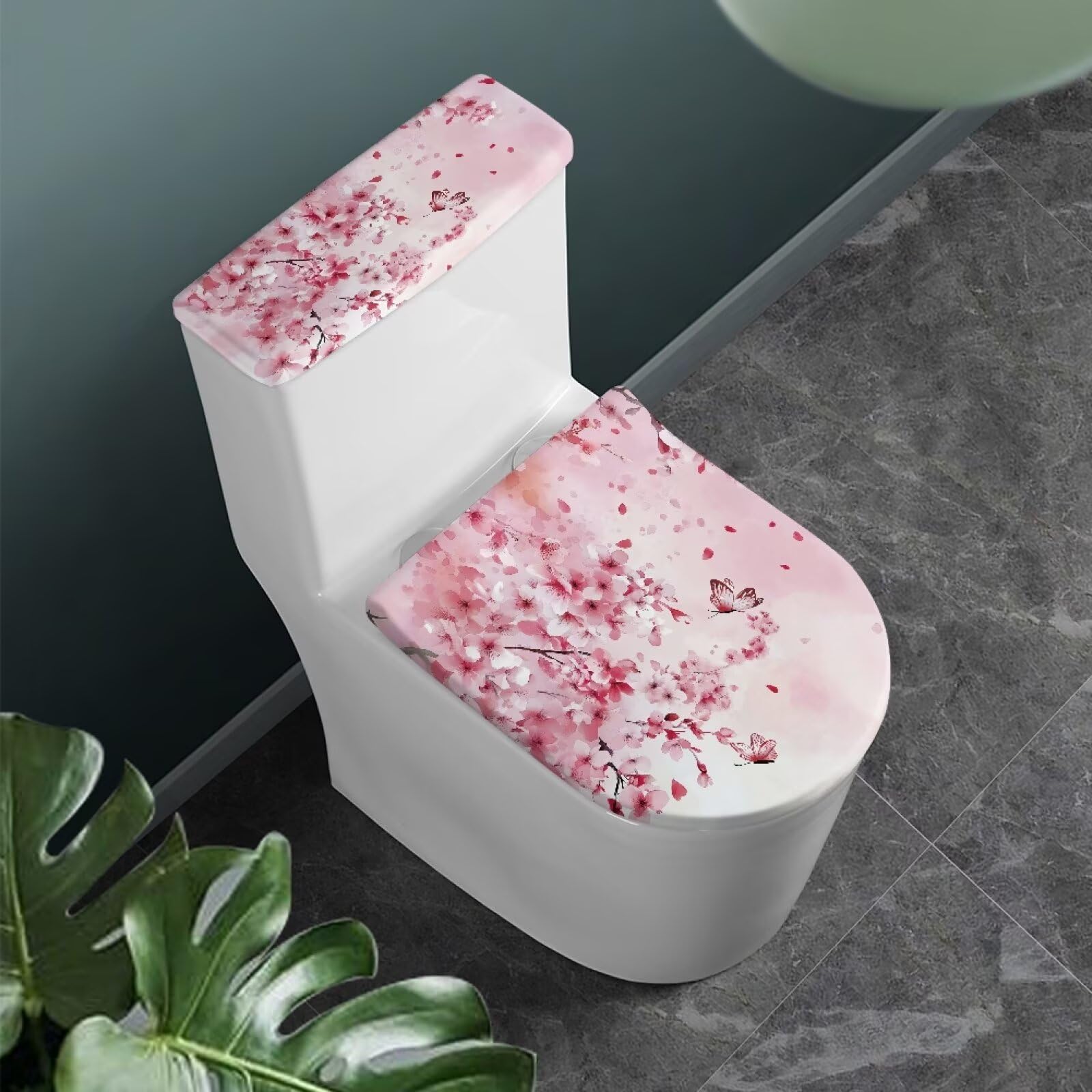Fipuivrn Butterfly Cherry Blossom Pattern Toilet Lid and Tank Cover, Stretchable Toilet Lid Tank Protector Anti Slip Bathroom Decoration Accessories Fits Most Bath Room