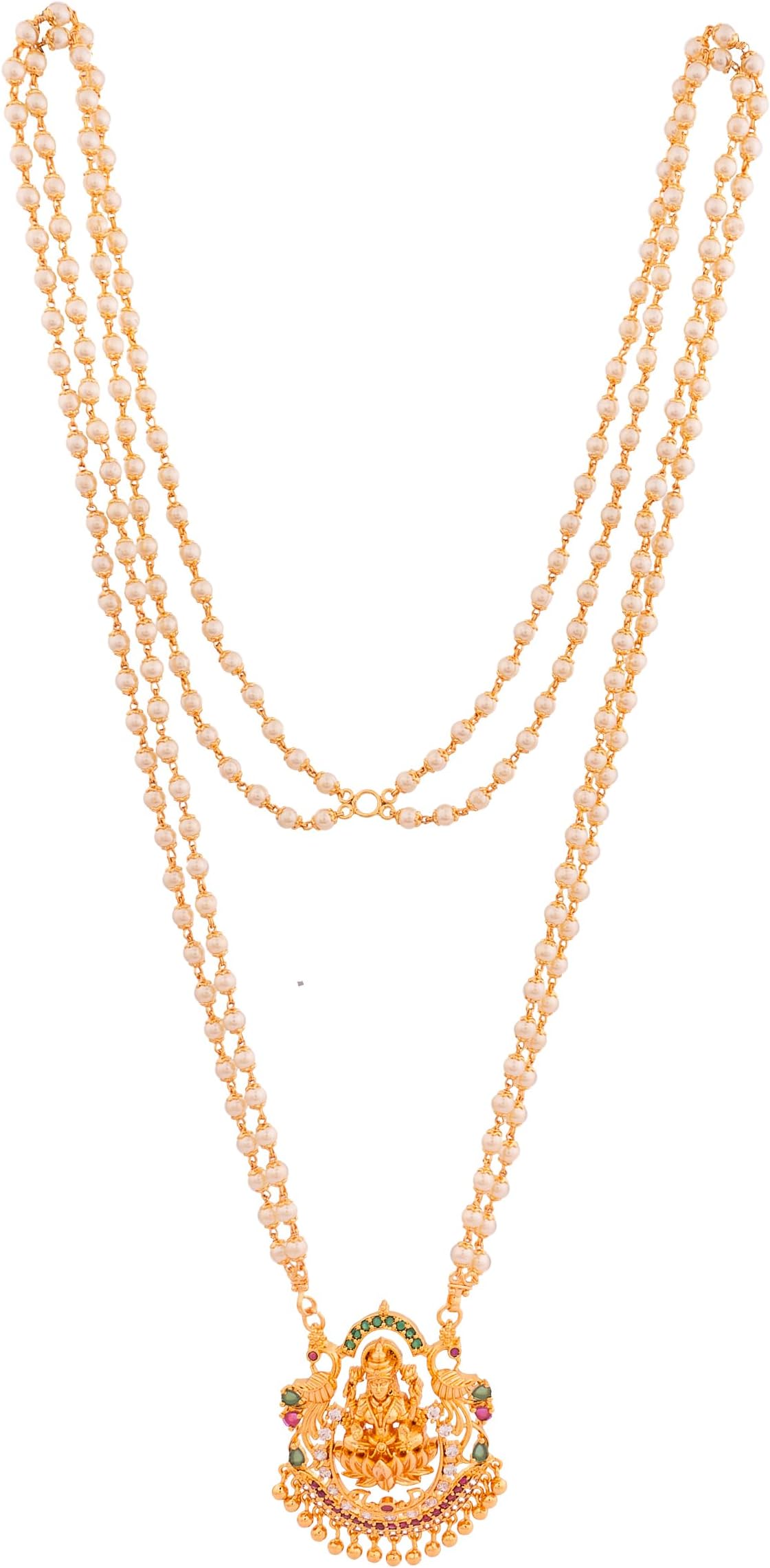 Radha's Creations LONG pearl chain NECKLACE with ruby emerald Laxmi pendant one gram gold for women and girls no.1032