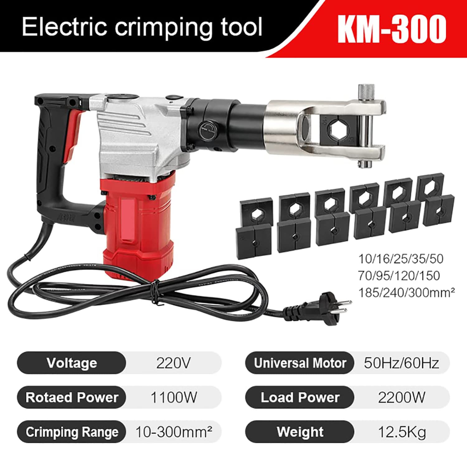 Potężne ręczne elektryczne hydrauliczne narzędzie do zaciskania kabli do końcówek miedzianych i aluminiowych, 2200 W, 16-300 mm²