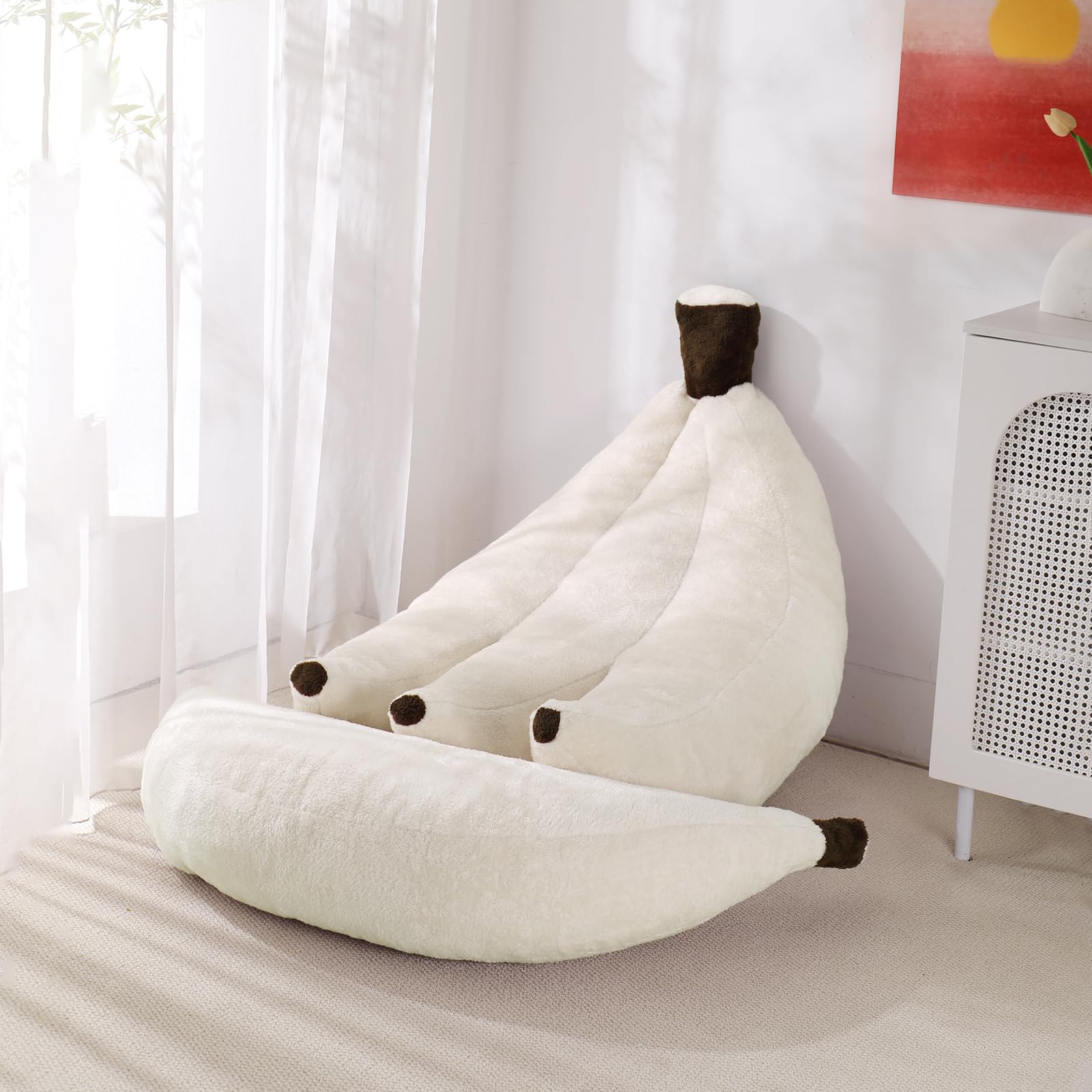 IEVENW Banana Bean Bag Chair with Ottoman, Floor Sofa Bed with Footrest, Comfy Convertible Lounger for Teens & Adults, Plush Couch for Bedroom, Living Room or Dorm, M-Cream