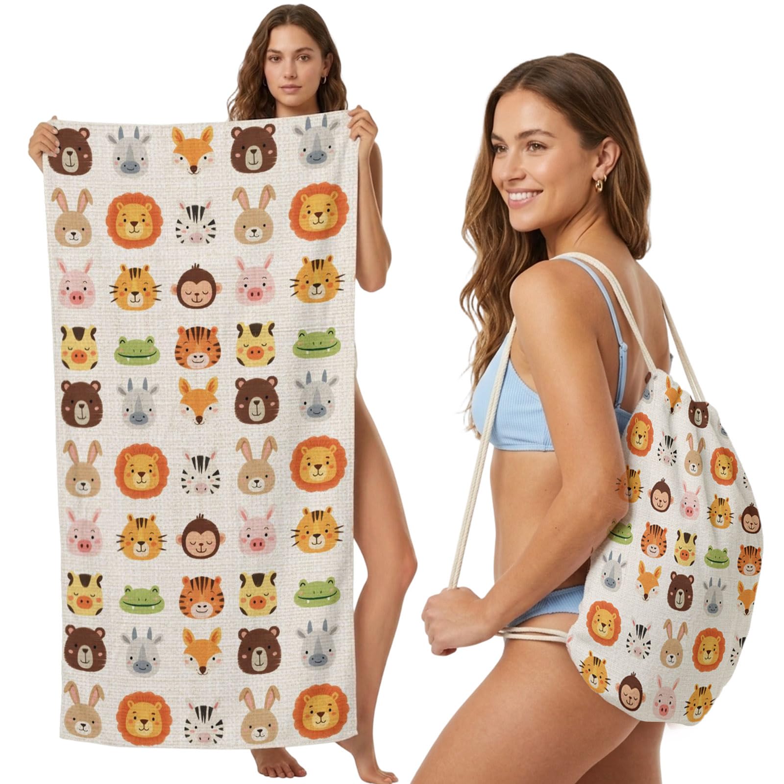 Beach Towel Bag 2 in 1 Animal Zoo Bath Pool Towels Backpack Lion Tiger Monkey Zebra Giraffe Linen Absorbent Beach Towel Soft Quick Dry Lightweight Packable Towels Drawstring Bag for Travel Sports Yoga