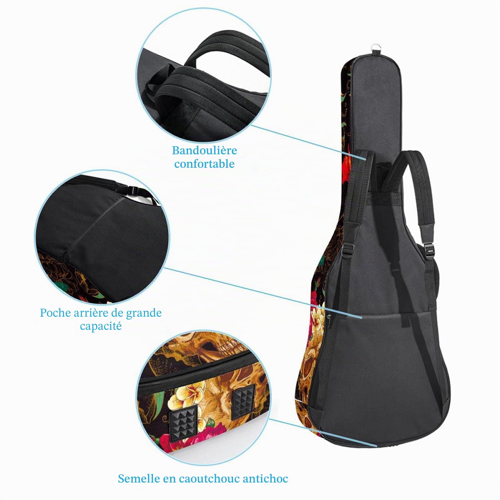 Sac de transport souple pour guitare électrique avec double sangle d'épaule réglable pour guitare basse, guitare acoustique et guitare folk classique avec motif crâne et fleur
