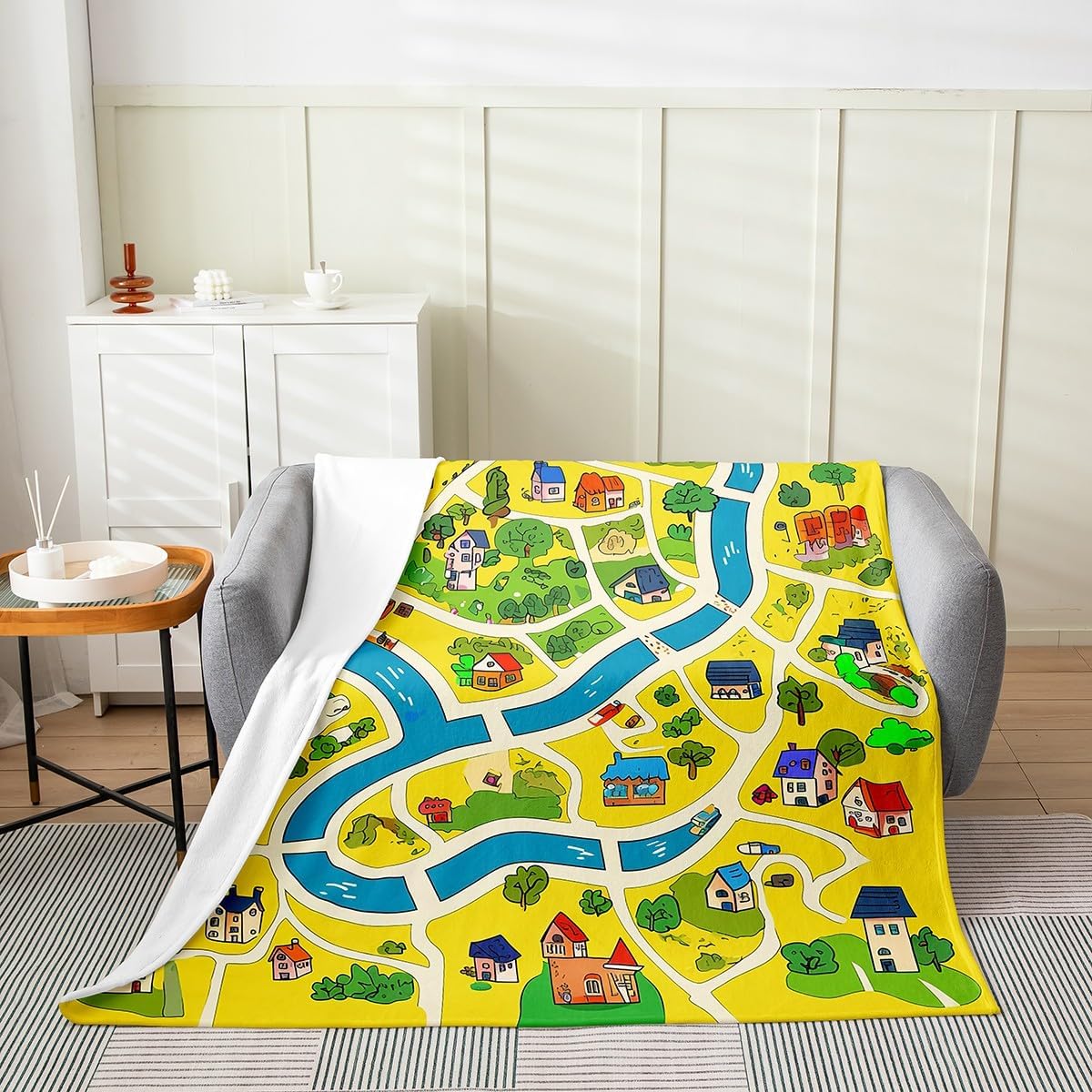 Cartoon Cars Fleece Blanket,Cute Bus Taxi Truck Graffiti Blue Bed Blanket for Kids Teens,Traffic Vehicles Geometric Lines Flannel Blanket for Room Decor,Queen 90"x90"