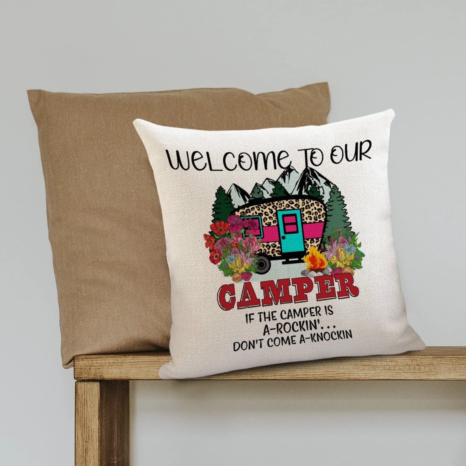 Hengjiang, federa copricuscino in cotone misto lino, con motivo di camper disegnato e la scritta in inglese Happy Campers, decorazione per divano, dimensioni: 45 cm x 45 cm 10