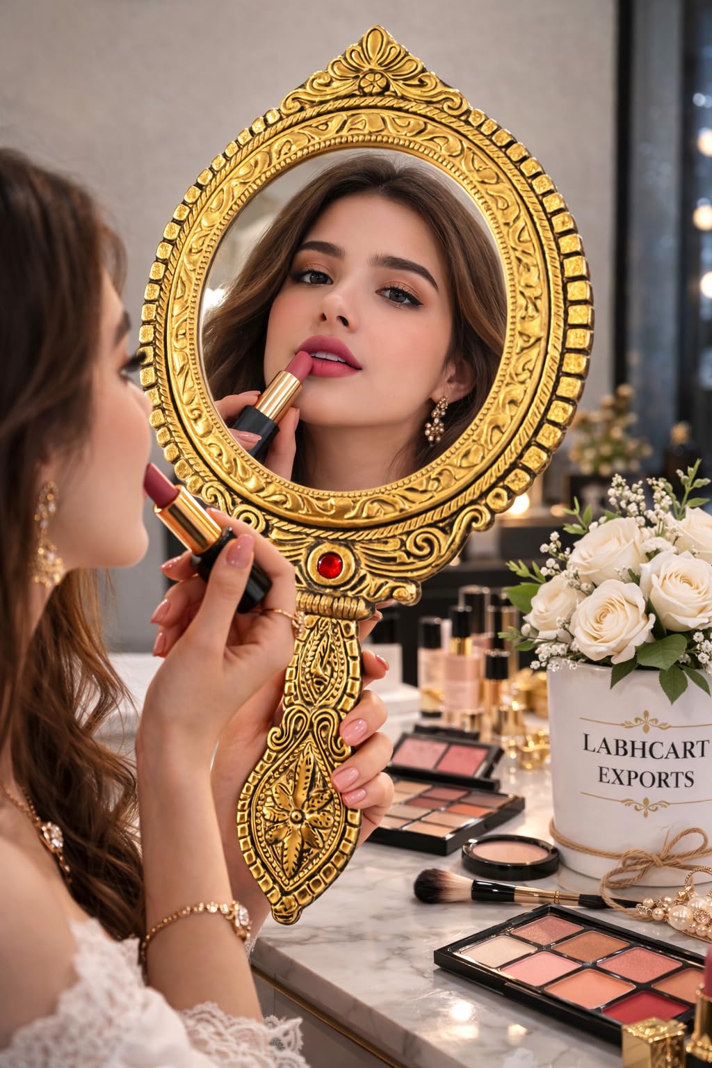 LABHCART Vintage Style Hand Mirror, Decorative Gold-Tone Metal Dubble Side Mirror, Frame with Floral Design, Red Crystal Accent-image-29