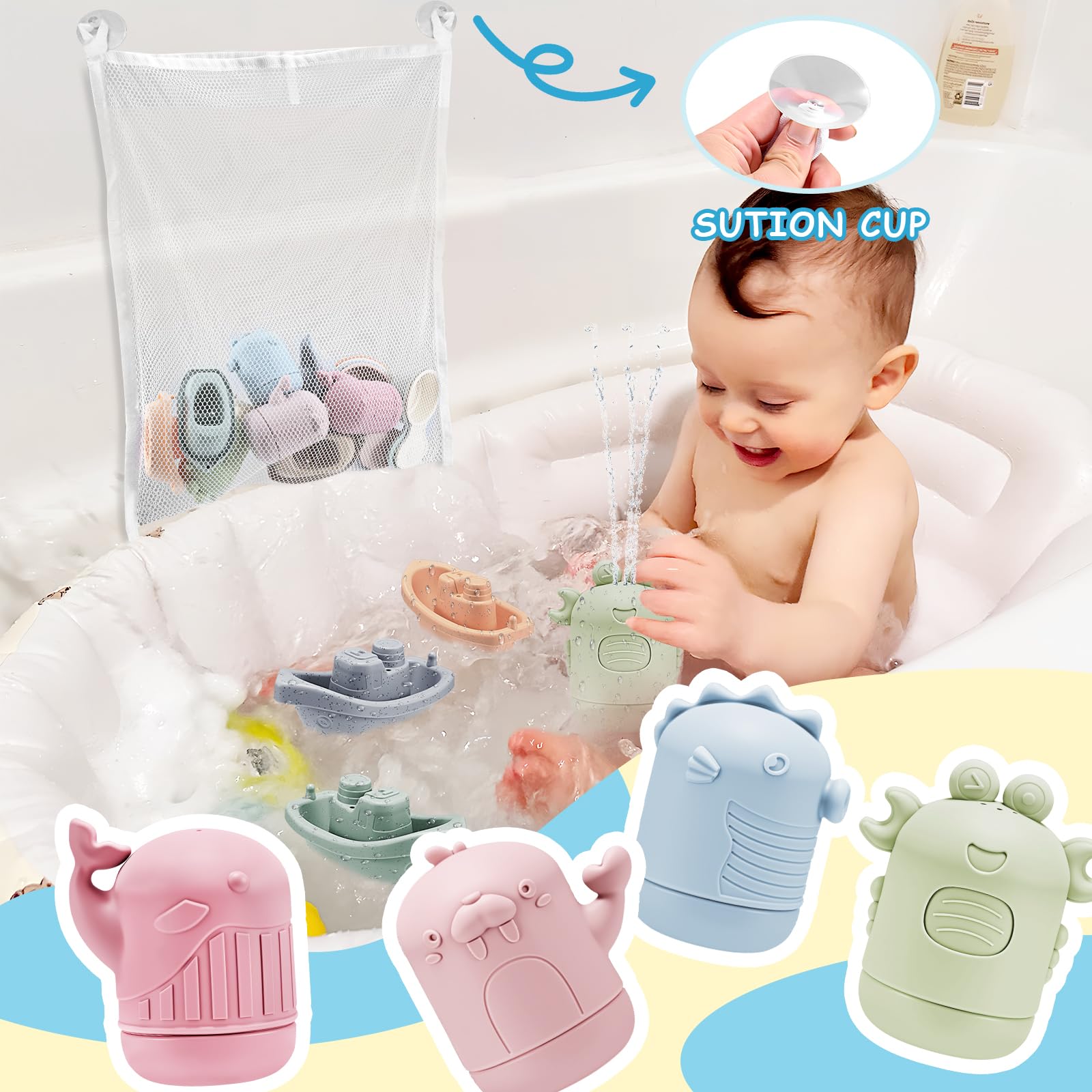 16 Pezzi Giochi da Bagno,Giochi per il bagnetto,Giocattolo da Bagnetto per Bambini,Giocattoli Animali in Silicone con barchette da bagno impilabili e cucchiaio,per Vasca da Bagno e Piscina