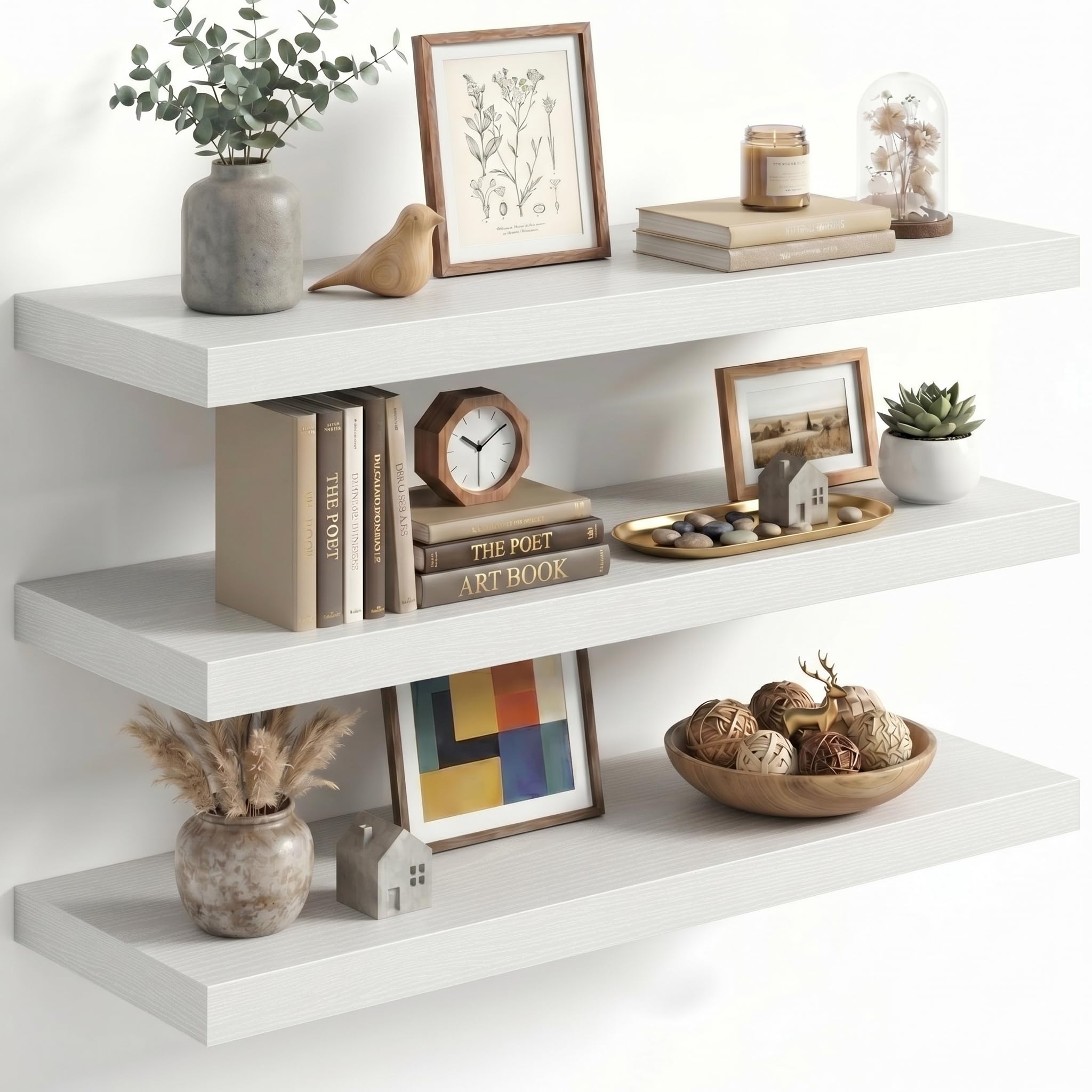 Fun Memories 30 Inch Floating Shelves for Wall, White Wood Wall Mounted Shelf with Invisible Bracket, 10 Inch Deep Large Shelves for Living Room Bathroom Bedroom, Set of 3