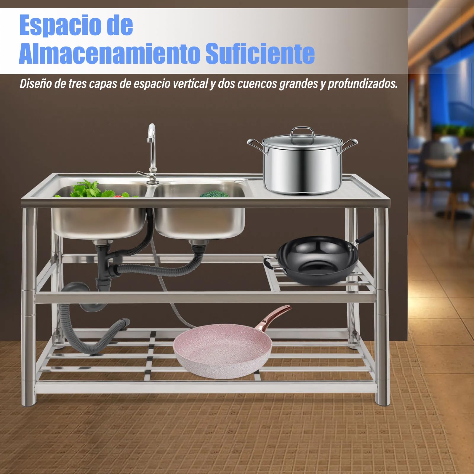 De pie libre de acero inoxidable doble tazón fregadero de uso de acero inoxidable, Comercial restaurante cocina fregadero conjunto w/grifo, tabla de drenaje, lavabo w/banco de trabajo, estantes