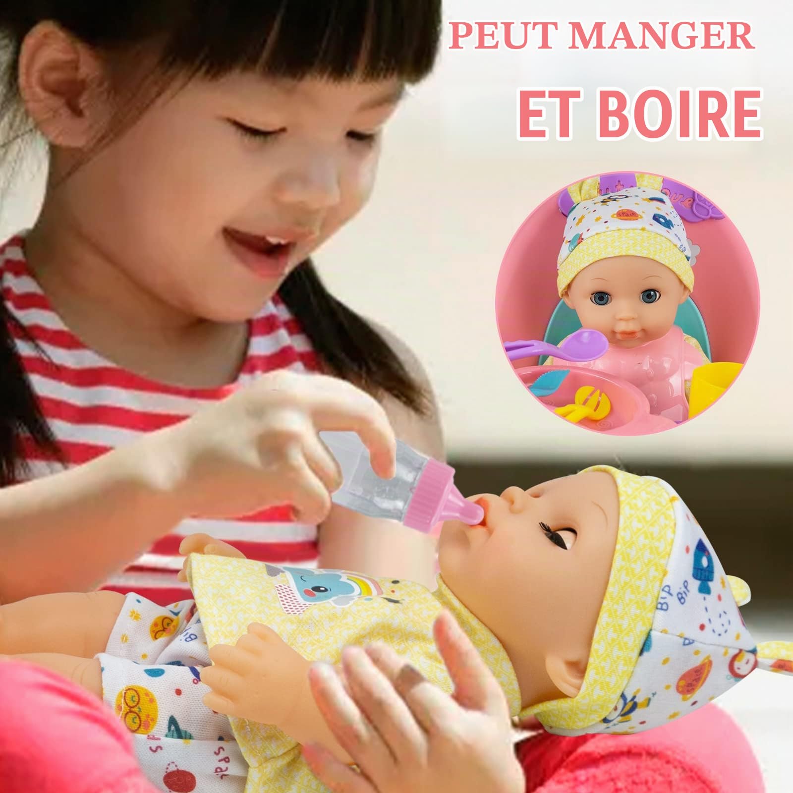 RedCrab Ensemble de Jeu de Poupee Bebe avec Fonctions - Manger, Boire, Dormir, 18 Accessoires Poupon avec Poupée, Chaise Haute, Biberon, Tétine, Couches, Poupée Vêtements