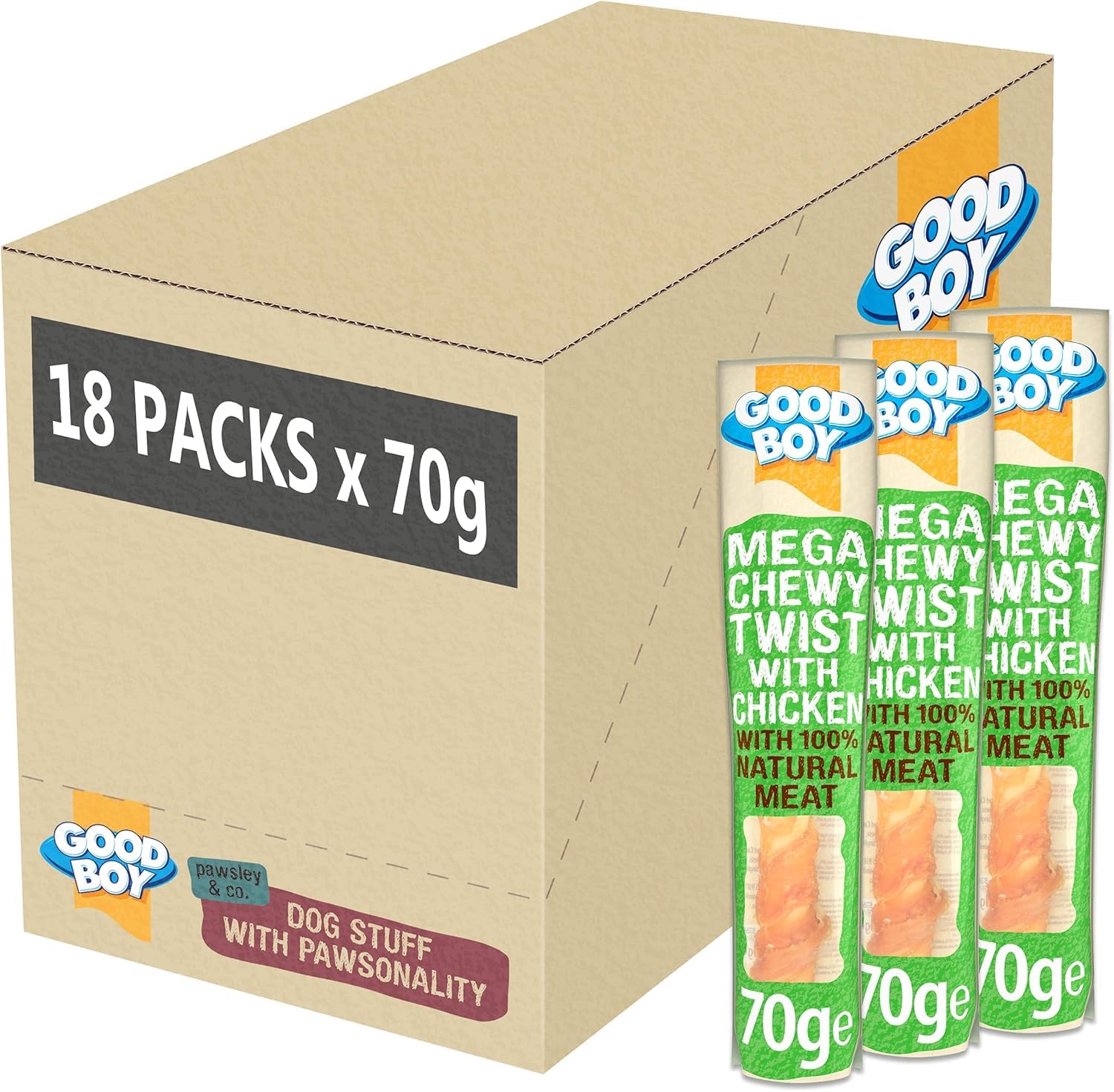 Good Boy - Mega Chewy Twist - Made With 100% Natural Chicken Breast Meat - 70 Grams - High In Protein Dog Treats - Case of 18