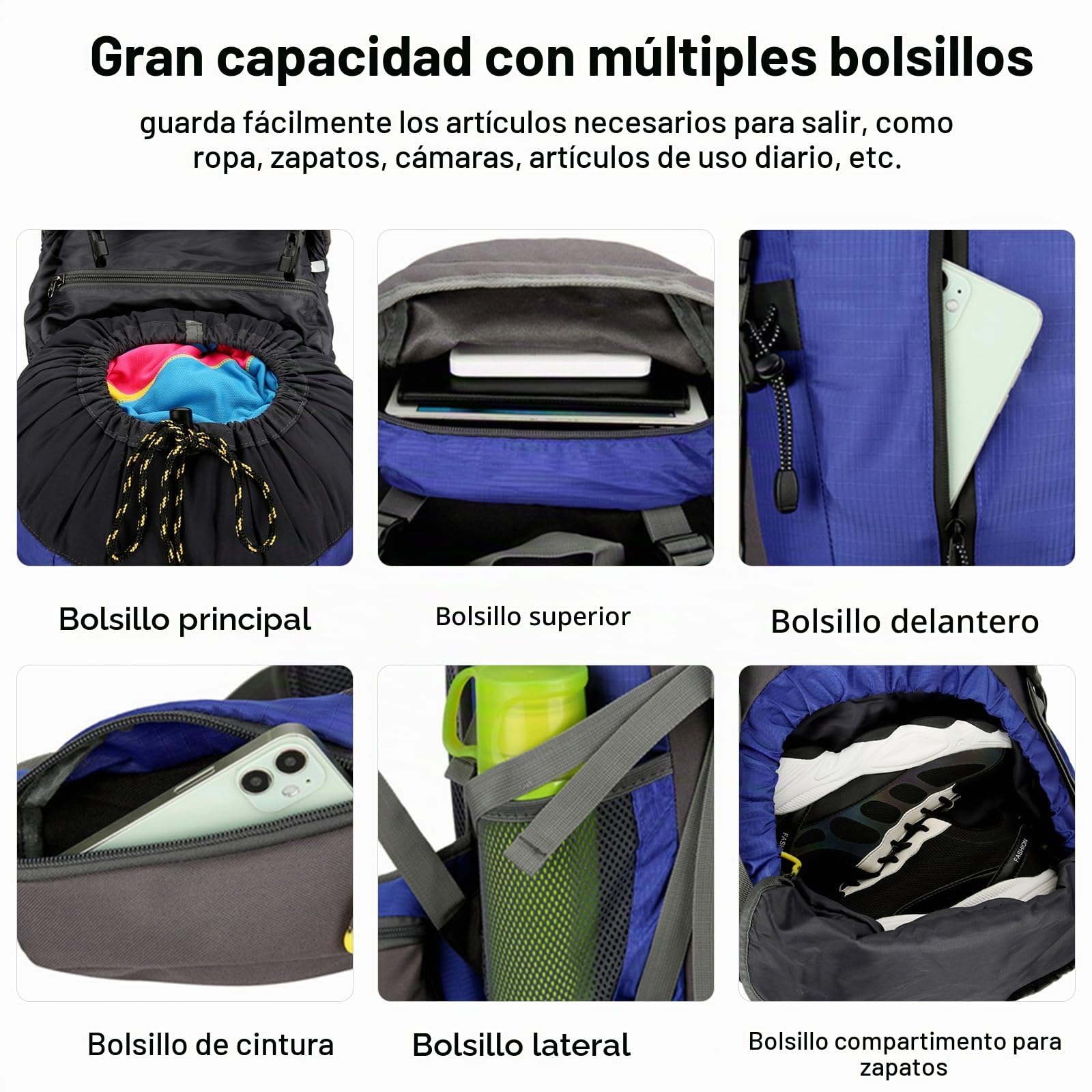 50L Mochila de Senderismo Mochila Impermeable con Cubierta de lluvia Hiking Backpack para Hombre Mujer Viajar Acampar Escalada Deportes Aire Libre Azul Oscuro