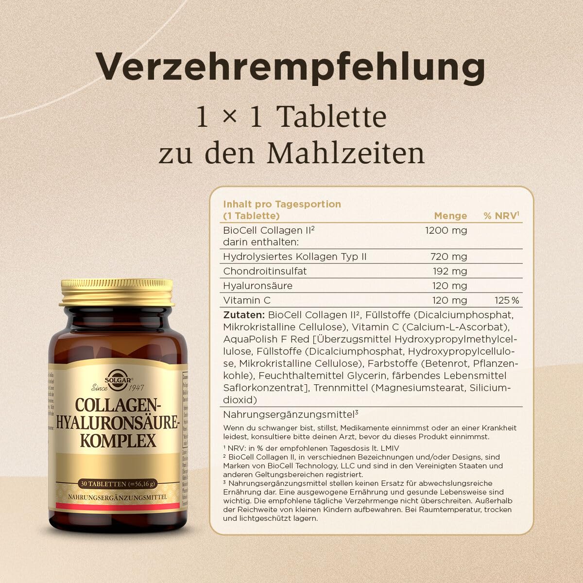 SOLGAR® Collagen-Hyaluronsäure-Komplex | Mit patentiertem BioCell Collagen II® sowie Vitamin C | 30 Tabletten für einen Monat