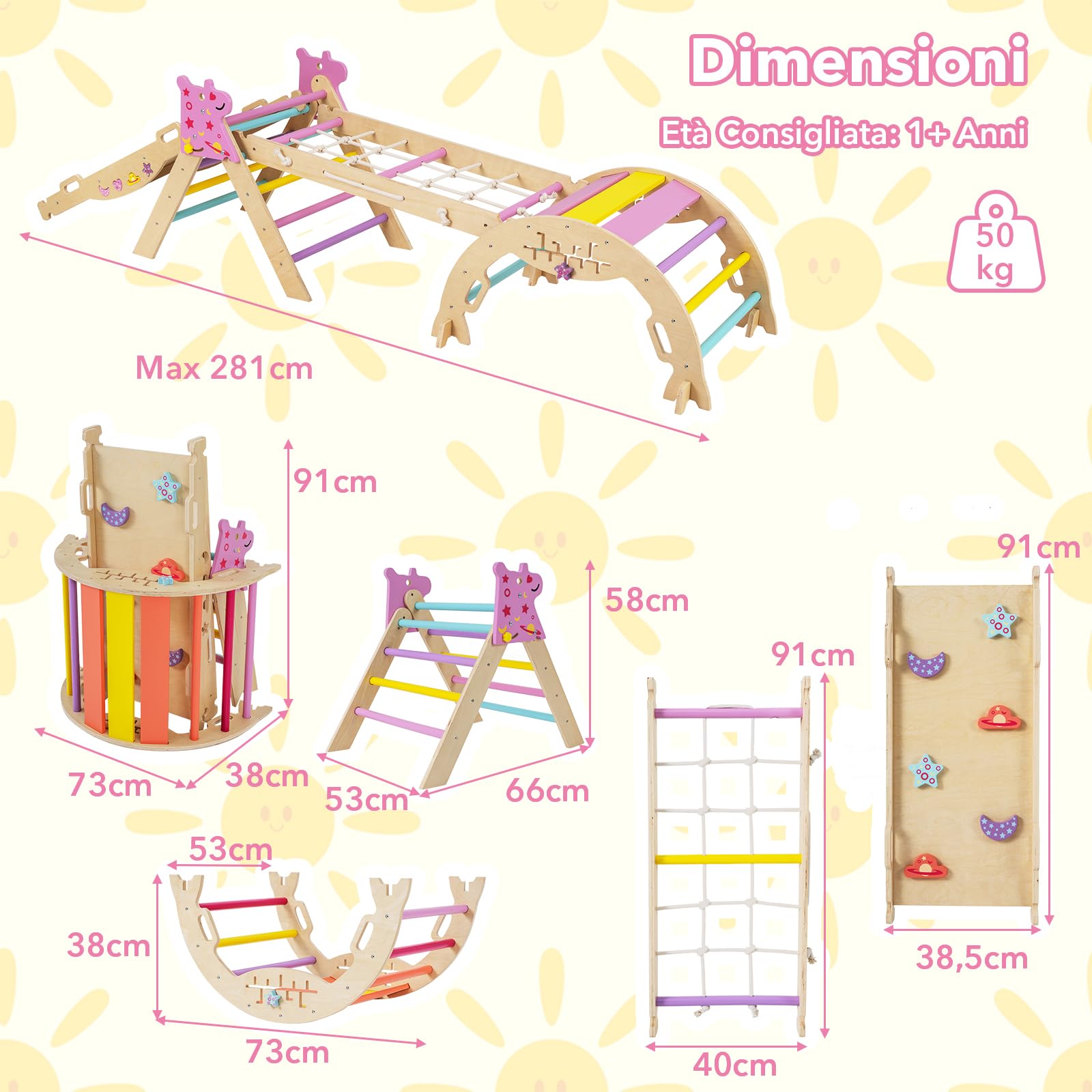 RELAX4LIFE Set da Arrampicata per Bambini, Triangolo di Arrampicata con Scivolo e Arco, Gioco di Incastri in Legno, Gioco Montessori per Bambini 1+ Anni (Unicorno-4 Pezzi | Macaron)