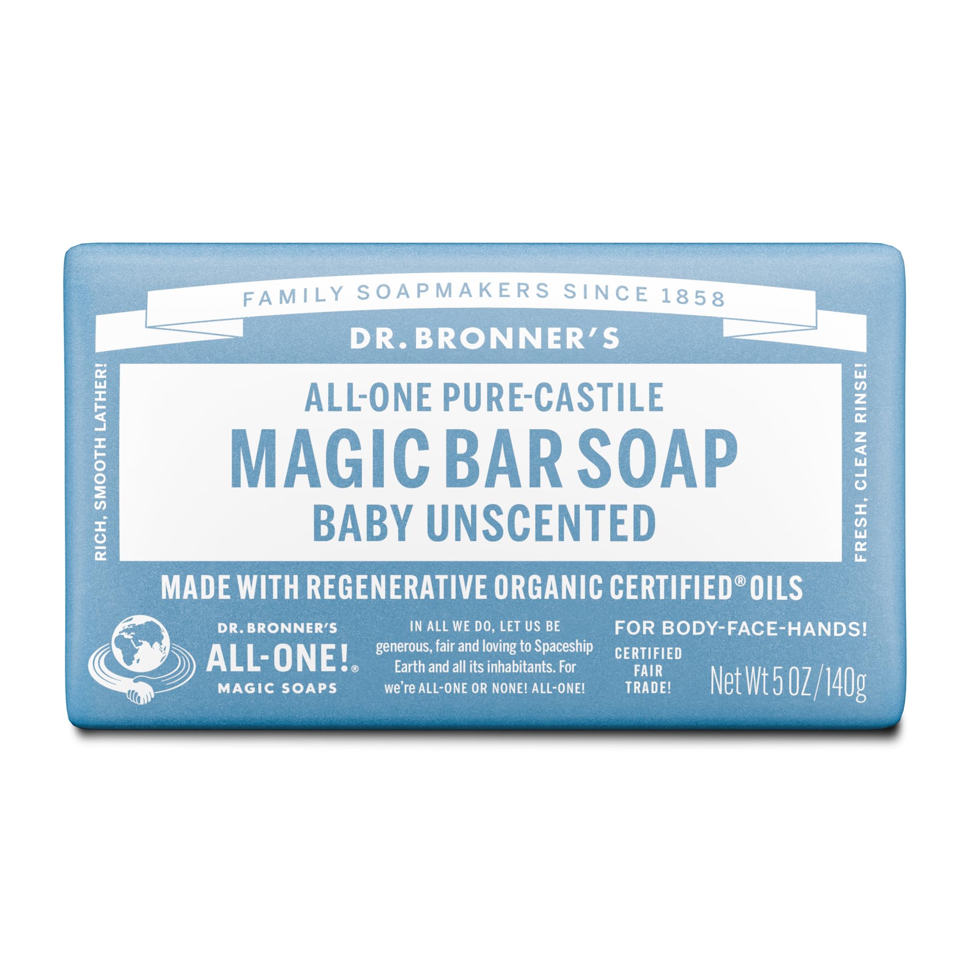 Dr. Bronner's Pure-Castile Baby Unscented Magic Bar Soaps - Made with Regenerative Organic Certified Oils - For Face, Hand, Hair Gentle on Sensitive Skin - Soap Bars for Men & Women -1 Pack, 5 oz