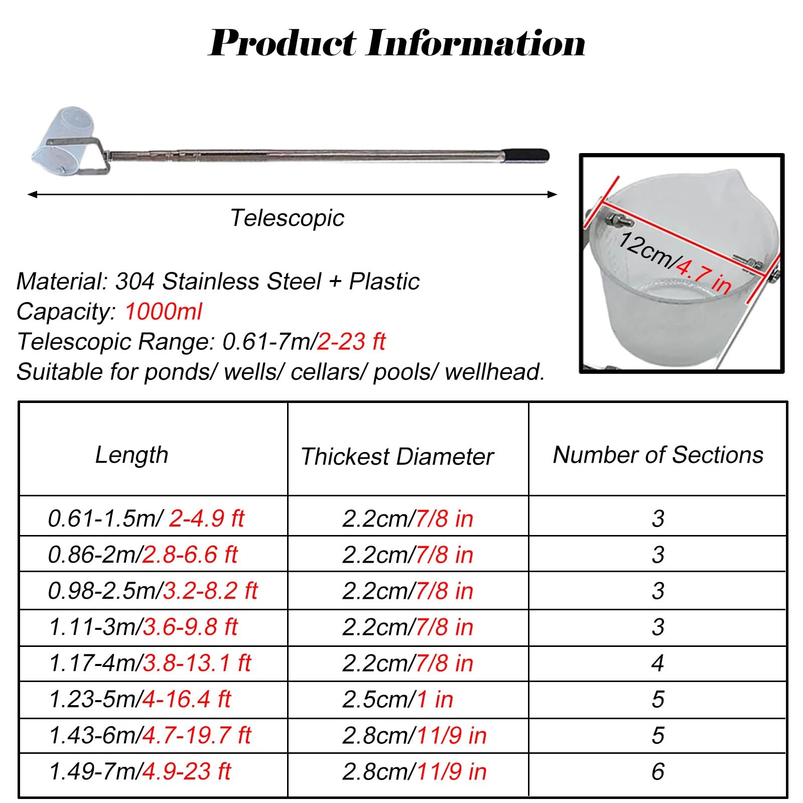 MZZKFC 1000 ML Water Sampler Dipper with Telescopic Pole, 2-23 FT Long Stainless Steel Pendulum Water Sample Rod Kit, Eagle Spout Sampling Beaker with Graduated(1.43-6m)