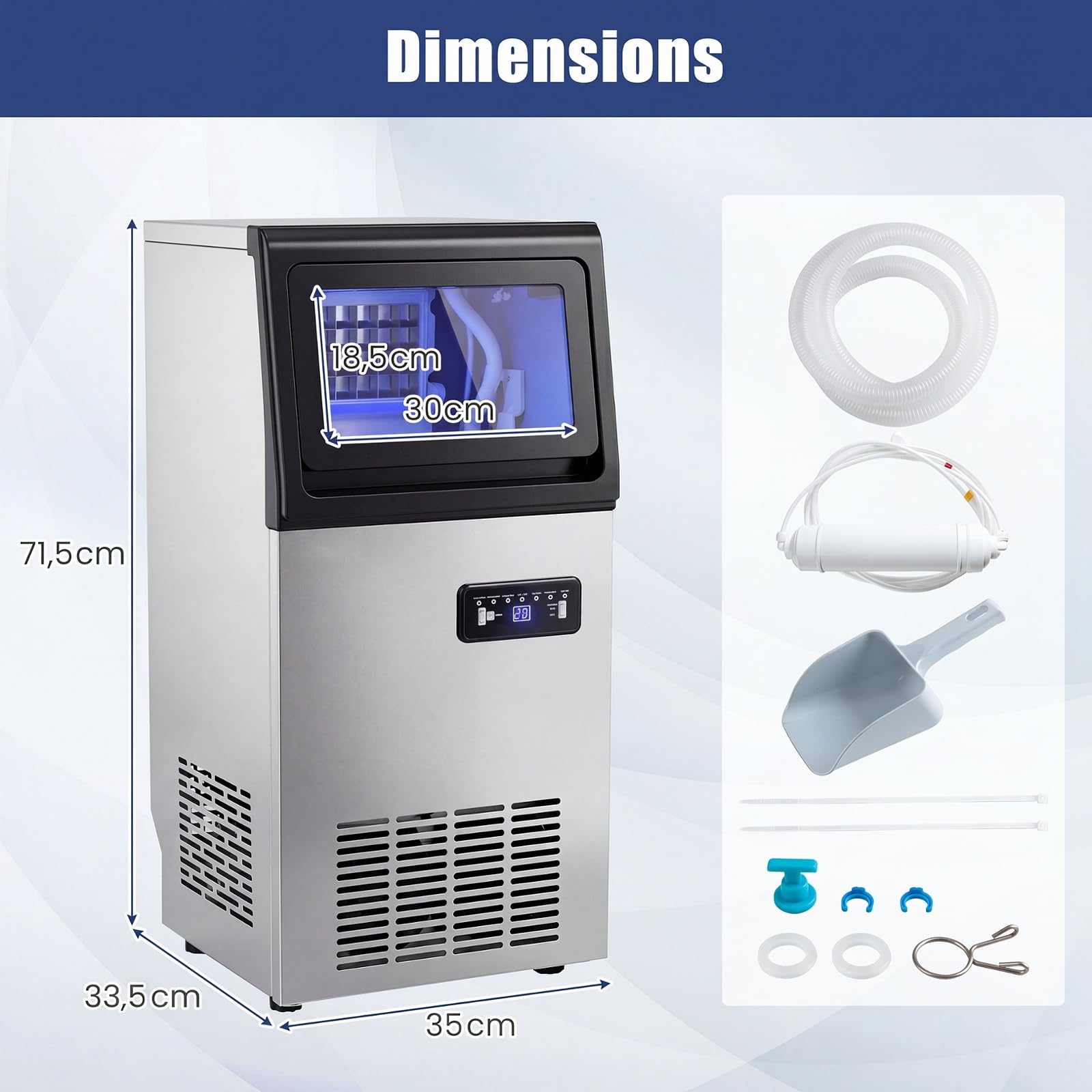 COSTWAY Machine a Glacons Commerciale 50kg en 24h, Maison Bureau Restaurant | Appareil à Glaçons Autoportant Inox à Affichage avec Minuterie, Stockage 11kg, 36 Cubes en 13 Min, Filtre et Autonettoyant