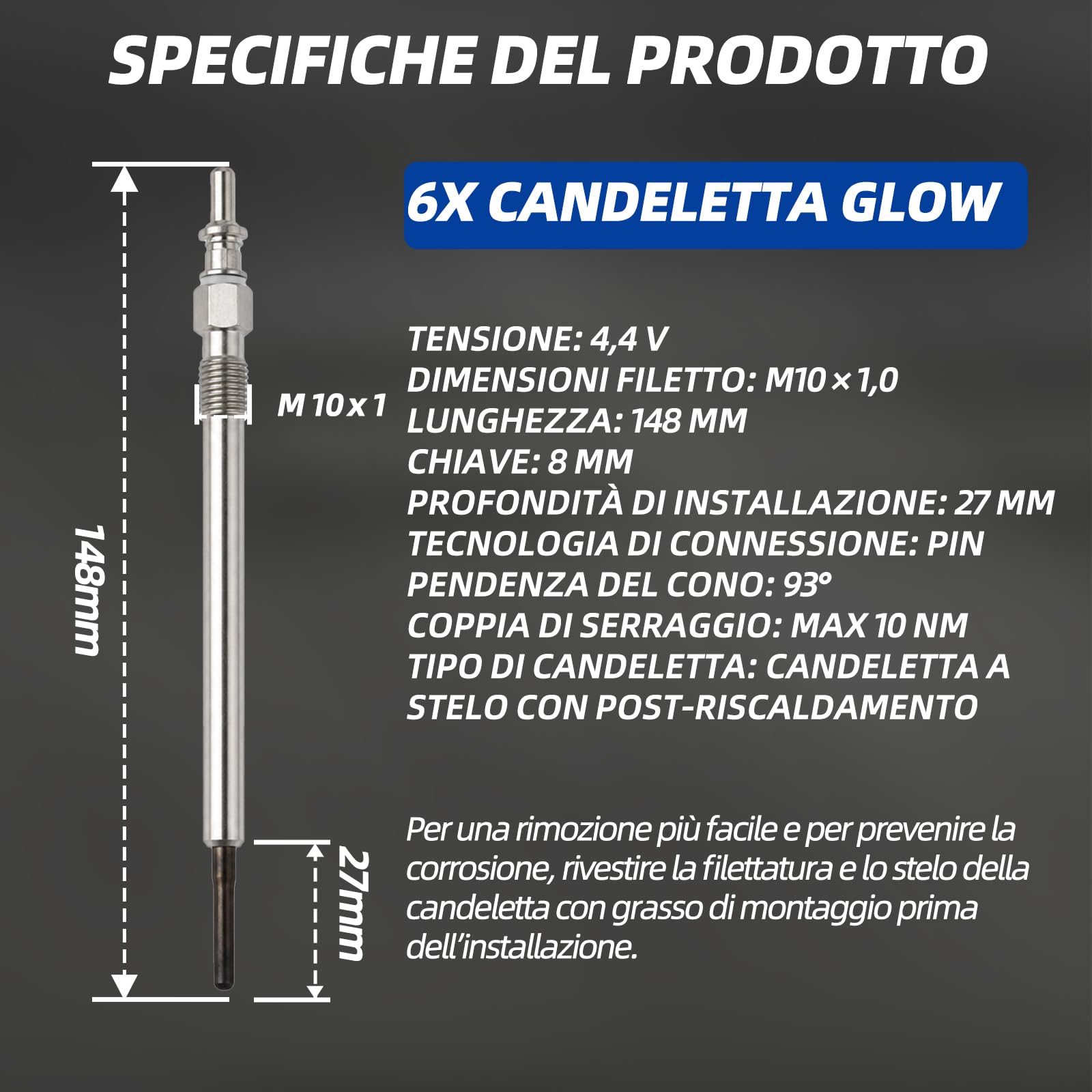Set di 6 candele, compatibili con W203 W204 CLK CLS W211 W461 W164 W251 W221 W639, candele di preriscaldamento diesel di alta qualità