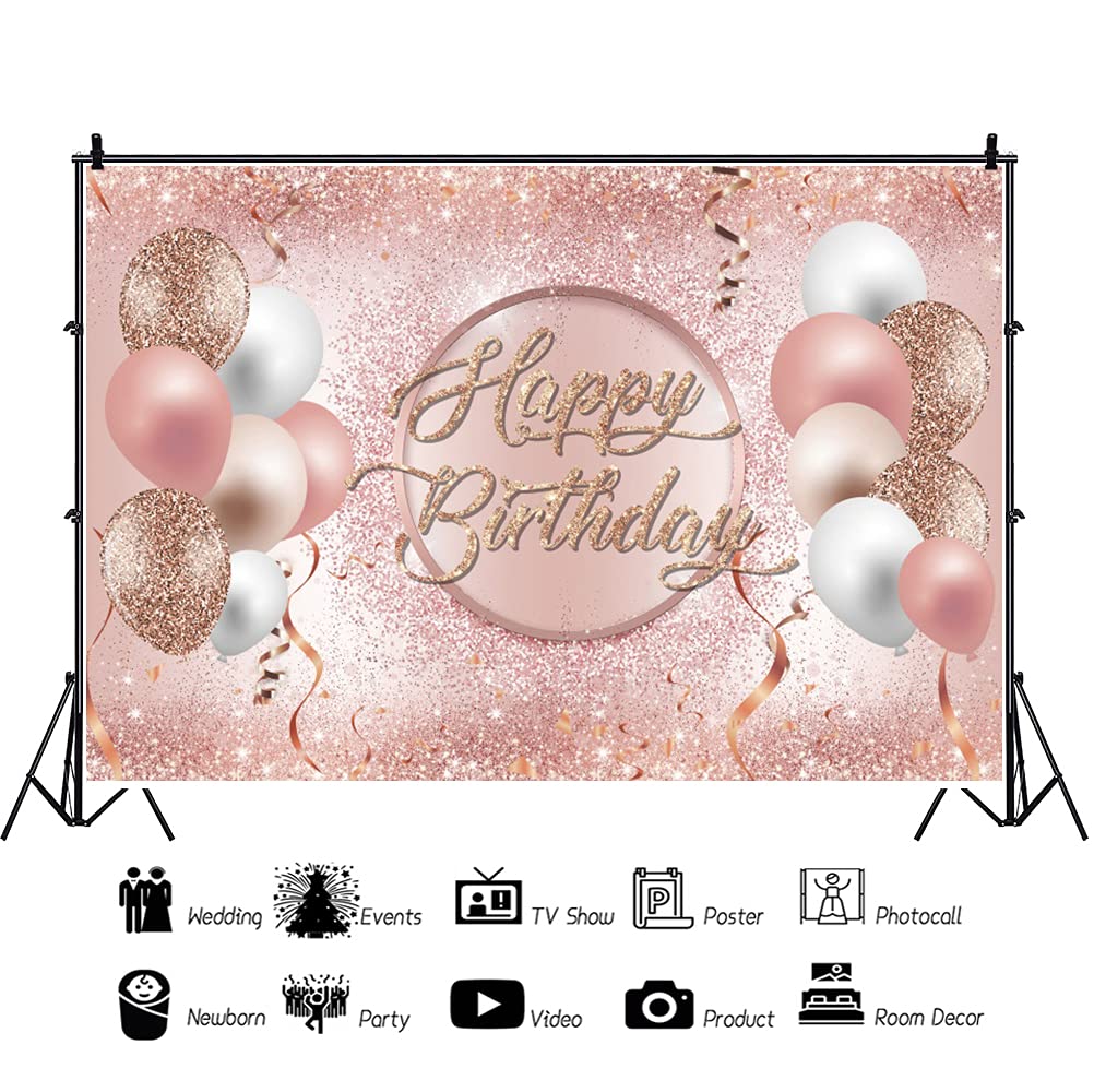 Toile De Fond « Happy Birthday » - Rose Pailletée - Pour Photographie