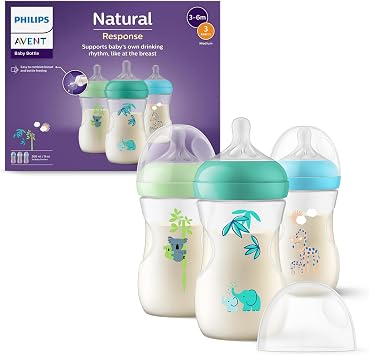 Philips Avent Natural Response 260 ml Bottles with Medium Flow Teats (Flow 3), 3 Pack, Tropical Design, SCY903/73