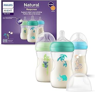 Philips Avent Natural Response-babyfles van 260 ml met speen voor gemiddelde toevoer (Flow 3), set van 3, met tropisch design, SCY903/73