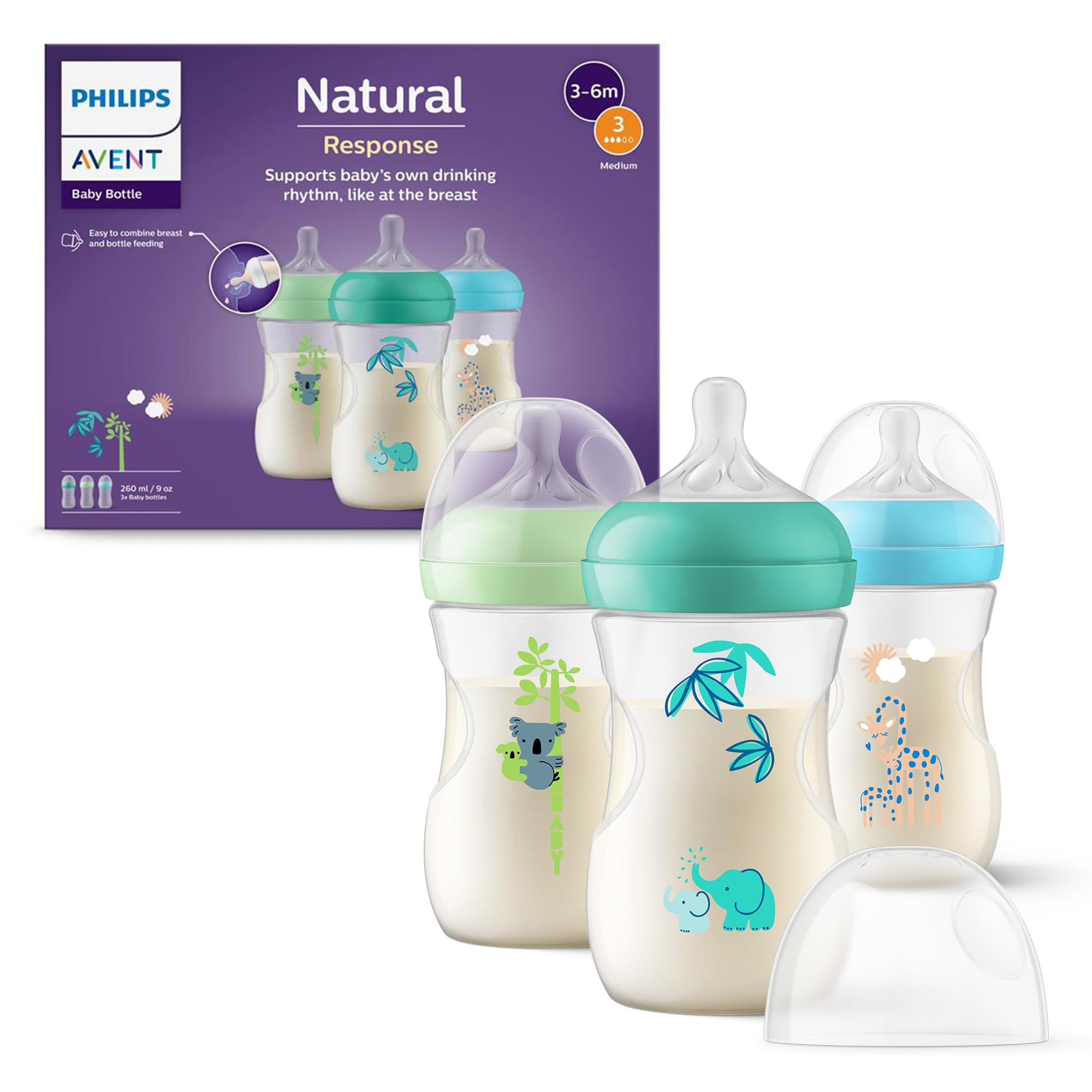 Philips Avent Natural Response Baby Bottles 9oz/260 ml with Medium Flow Teats (Flow 3), 3 Pack, with Tropical Hangout Design, SCY903/73