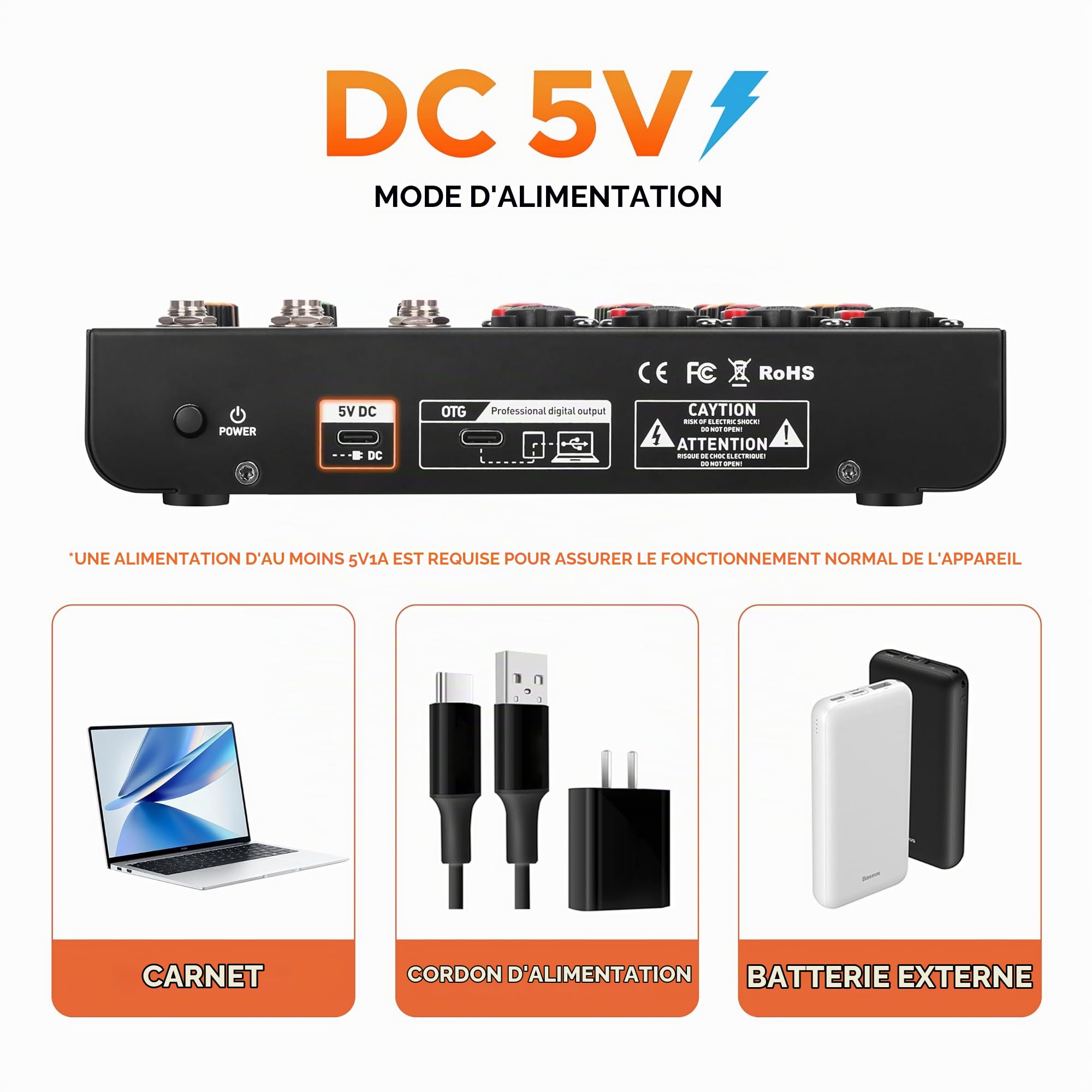 Mixeur DJ professionnel Mini6 – 6 canaux avec interface USB, Bluetooth et alimentation fantôme 48V – Parfait pour streaming, podcasts et performances en direct