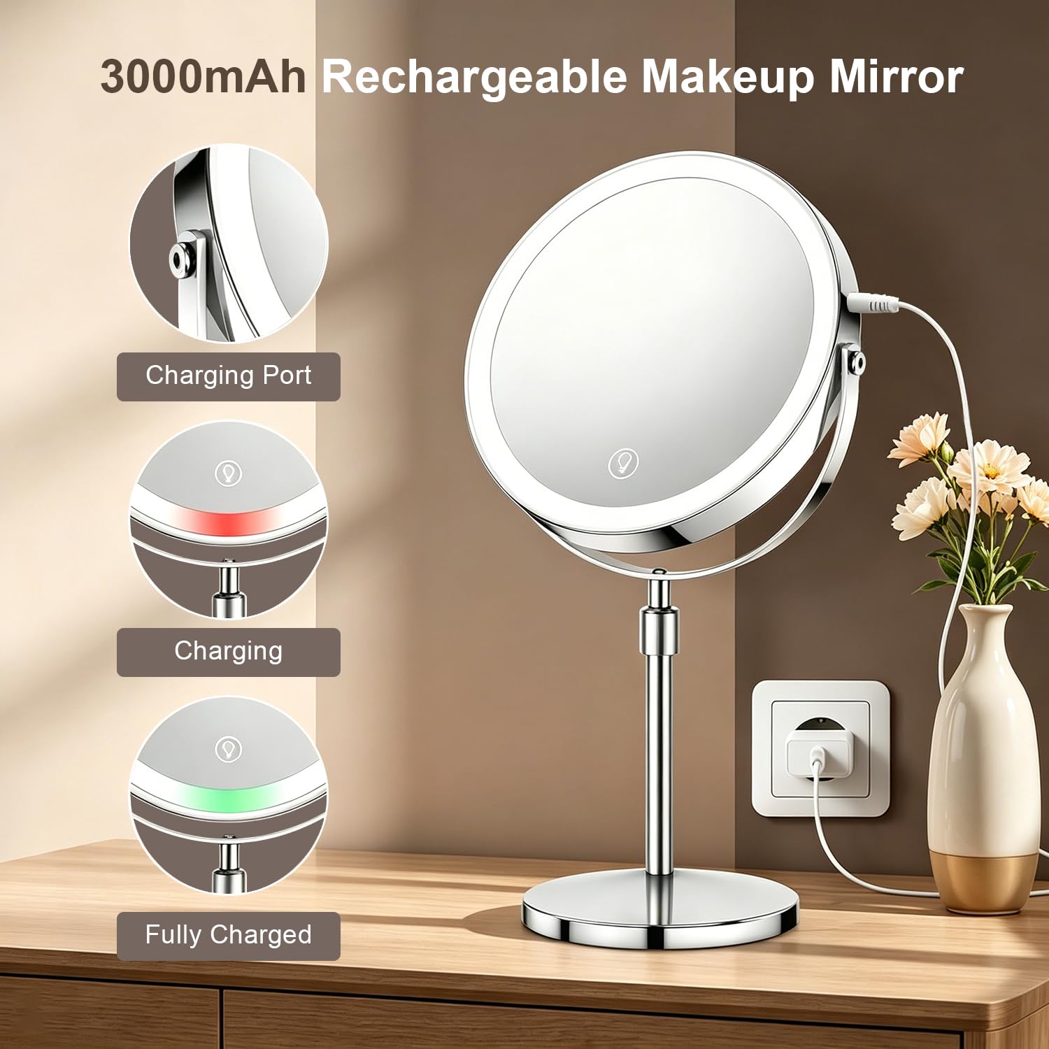 21,6 cm Make-up-Spiegel mit Lichtern, 1x/10-fach beleuchteter Vergrößerungsspiegel mit 3 LED-Beleuchtung, 3000 mAh wiederaufladbarer, doppelseitiger Kosmetikspiegel, höhenverstellbar und verstellbare