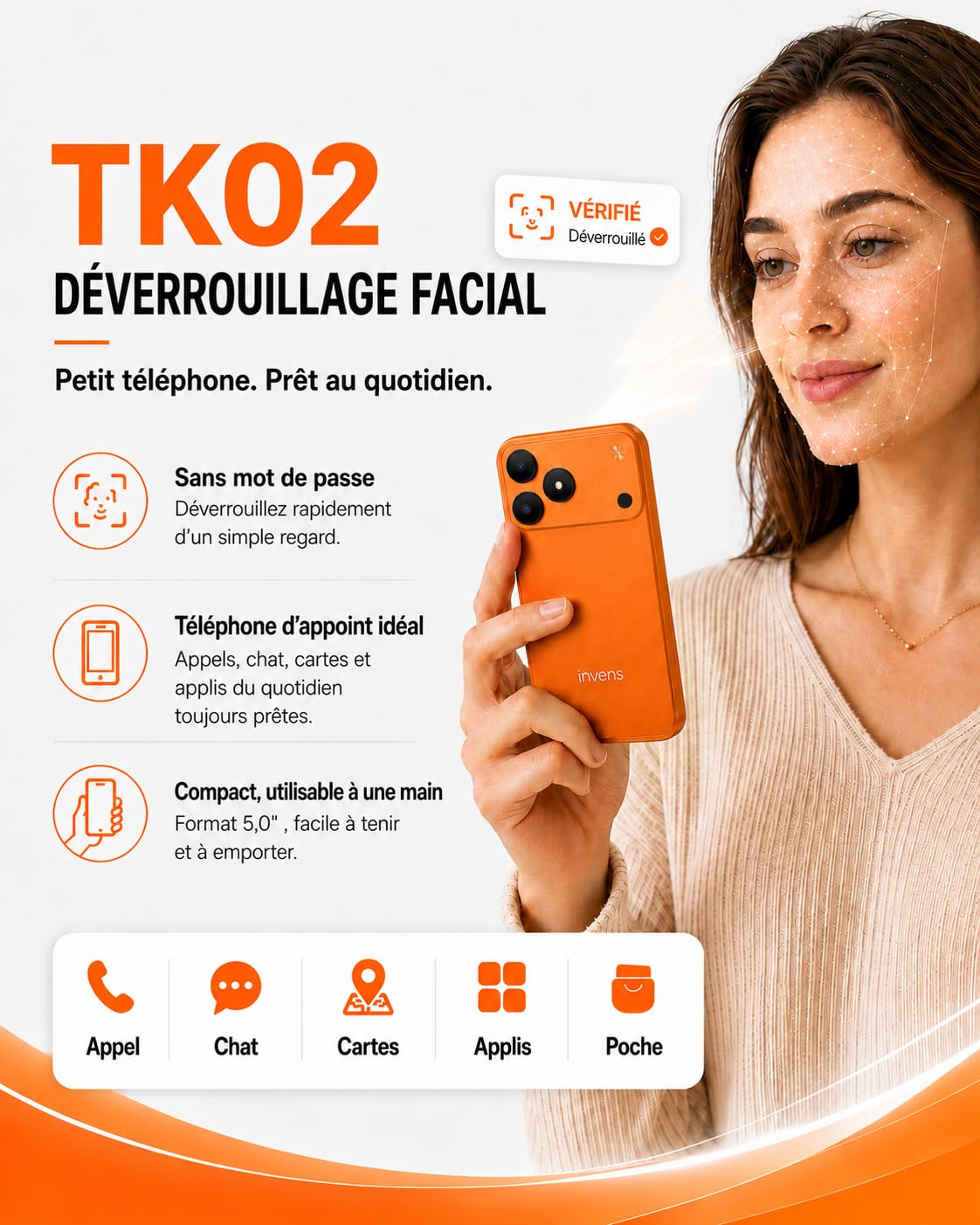 invens TK02 Téléphone Portable 4G Débloqué, Android 16 Go, 9 Go RAM, Noir | Écran compact 5 pouces, 32 Go extensible à 256 Go, double SIM, Face ID, batterie amovible 2500 mAh, USB-C & prise jack 3,5 mm