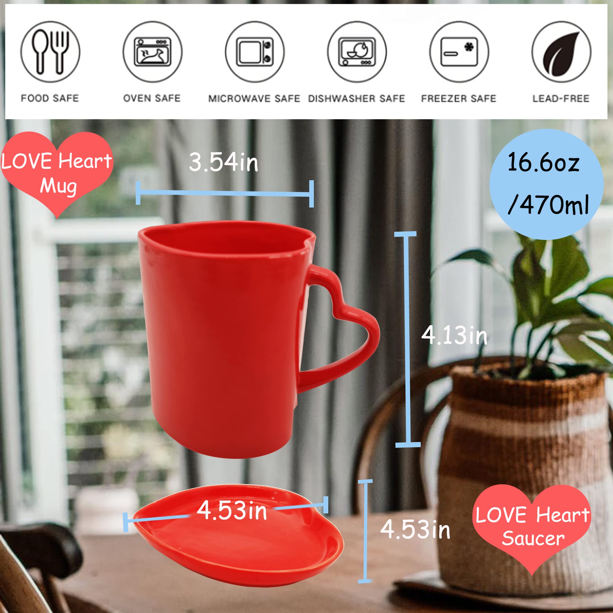 Red Heart Shaped Cup and Saucer Large Ceramic Coffee Mug 16.6oz Cute Cup Love Gift for Weddings Birthday Anniversary Mother's Day Valentines Day Home Decor for Couple Lovers (Red)