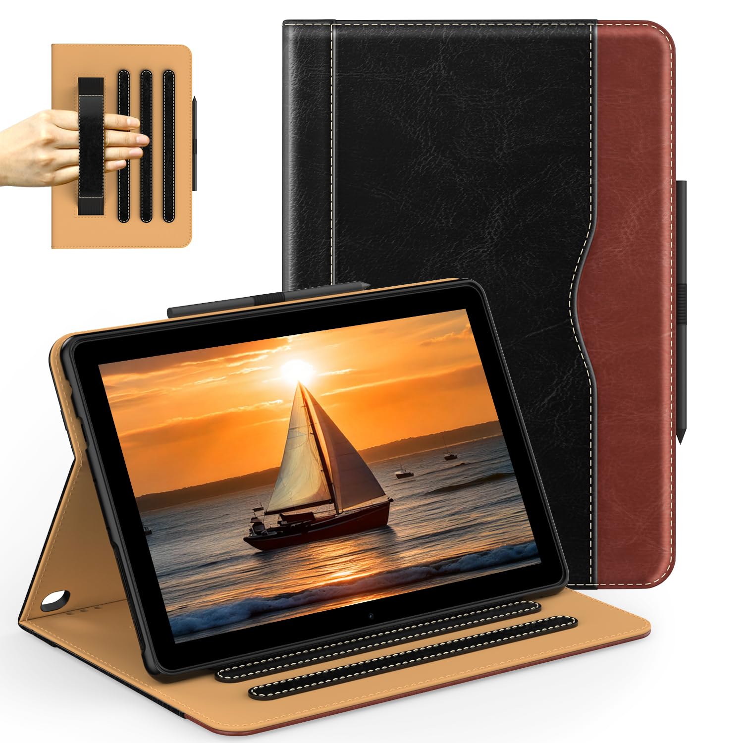 ZoneFoker per tablet Amazon Fire HD 10 (13a/11a generazione 2023/2021), custodia a libro in pelle PU con funzione di accensione/spegnimento automatico, con tasca/supporto multiangolo/portapenne per HD