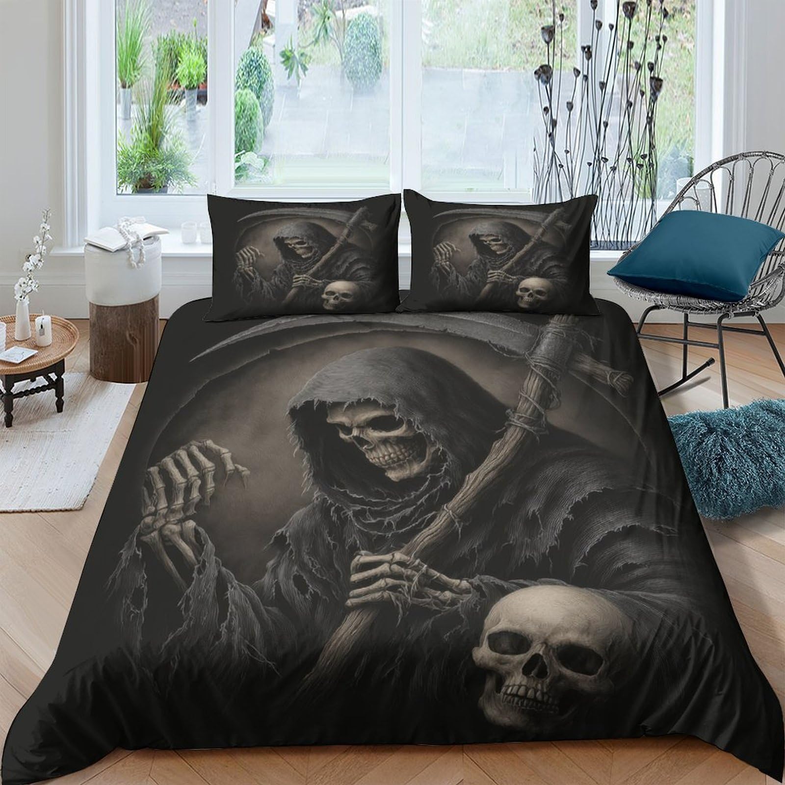 Ctjqhvkz Style-3 3D Printed Grim Reaper Fitted Sheet Microfiber Black Gothic Skull Mattress Cover For Bedroom Dorm Mattress Protection Decor Single（135X200cm）