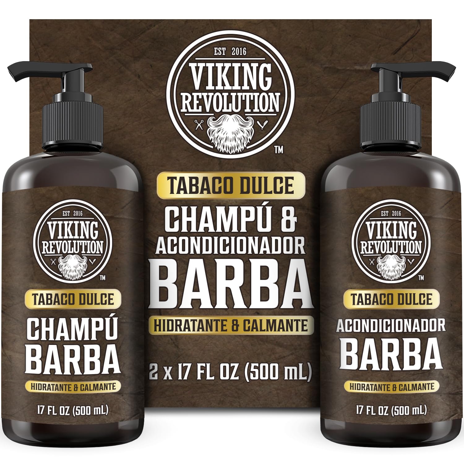 Viking Revolution Juego de Champú y Acondicionador de Barba con Aceites de Argán y Jojoba - Champú Barba Hombre que Suaviza, Alisa y Fortalece el Crecimiento - Tabaco Dulce 2x500 ml