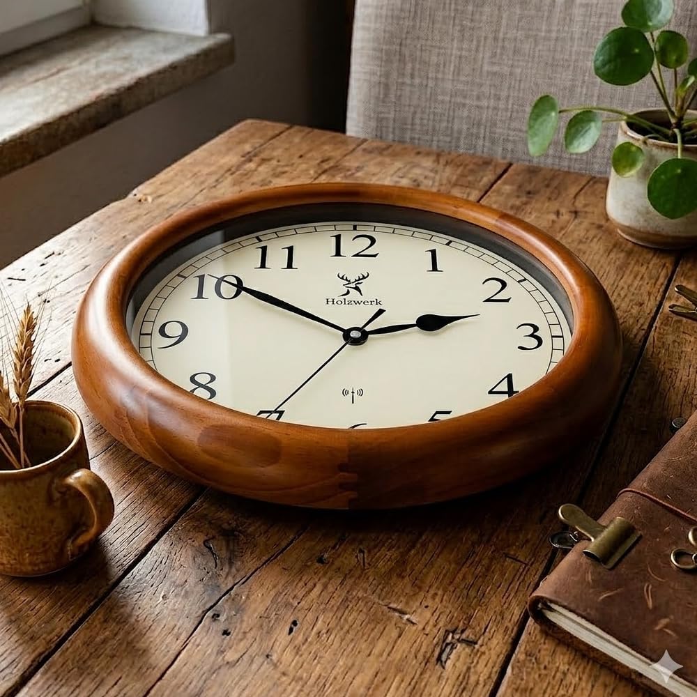 Holzwerk TRIBERG (Funk) 35cm Natur Vintage Retro Holz Funk Wanduhr Glas Holz-Uhr Funkwanduhr Funkuhr nahezu lautloses Uhrwerk Massivholz 14 Zoll Braun Weiß große Ziffern (Hwn.braun.weiß)