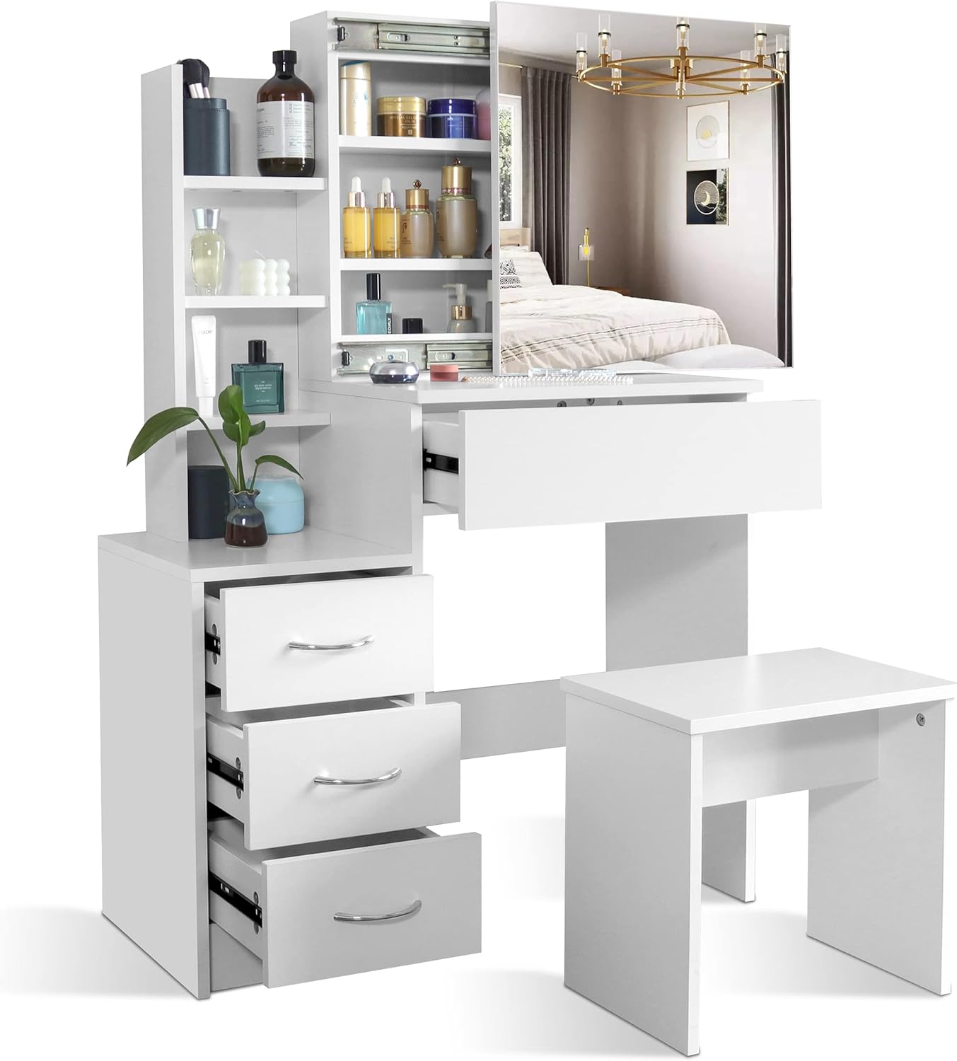 Blisswood Dressing Table With Mirror and Stool, Vanity Makeup Table, 4