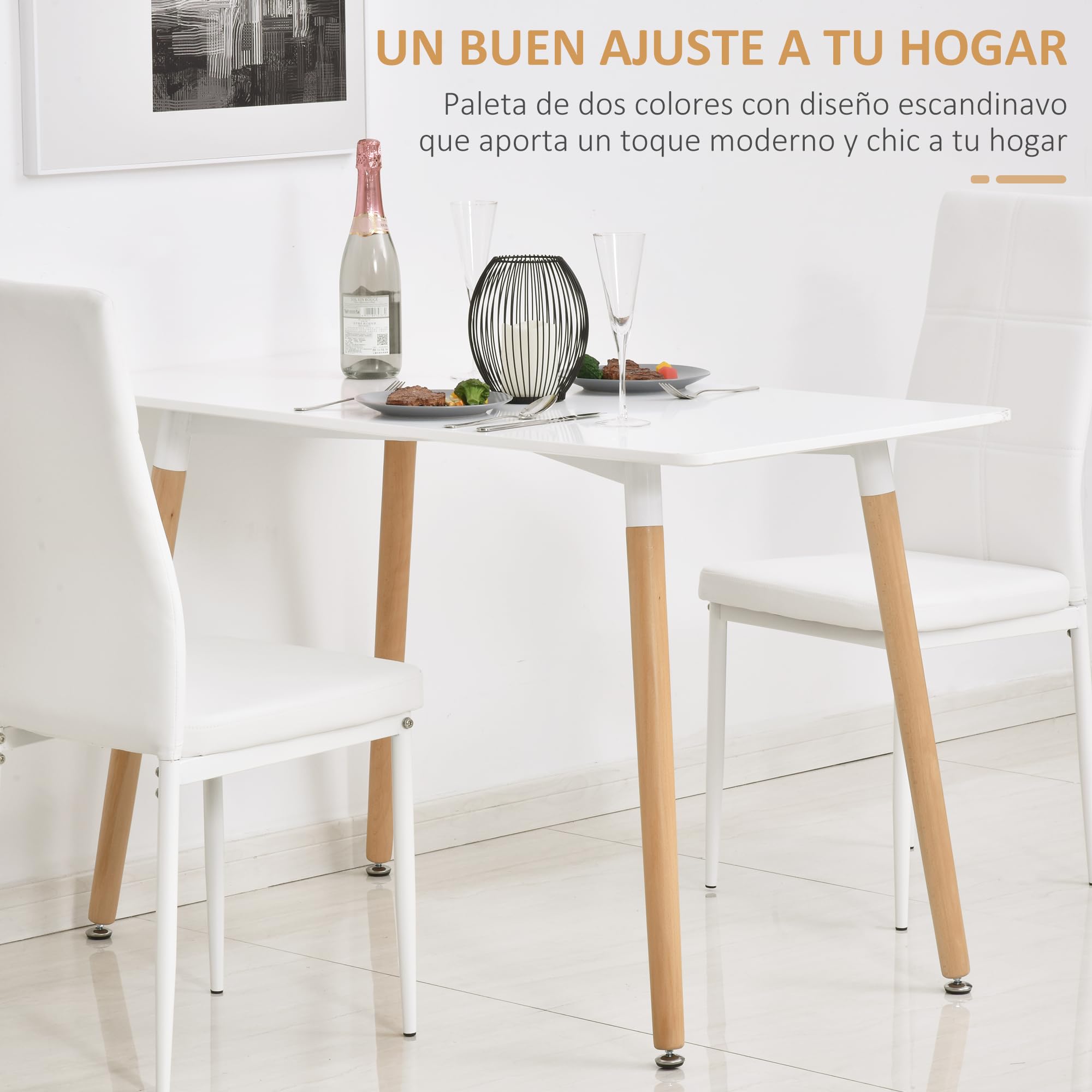 HOMCOM Mesa de Comedor Estilo Nórdico Mesa de Cocina 120x60x75 cm Blanco | Patas de Madera de Haya, Estructura de Metal
