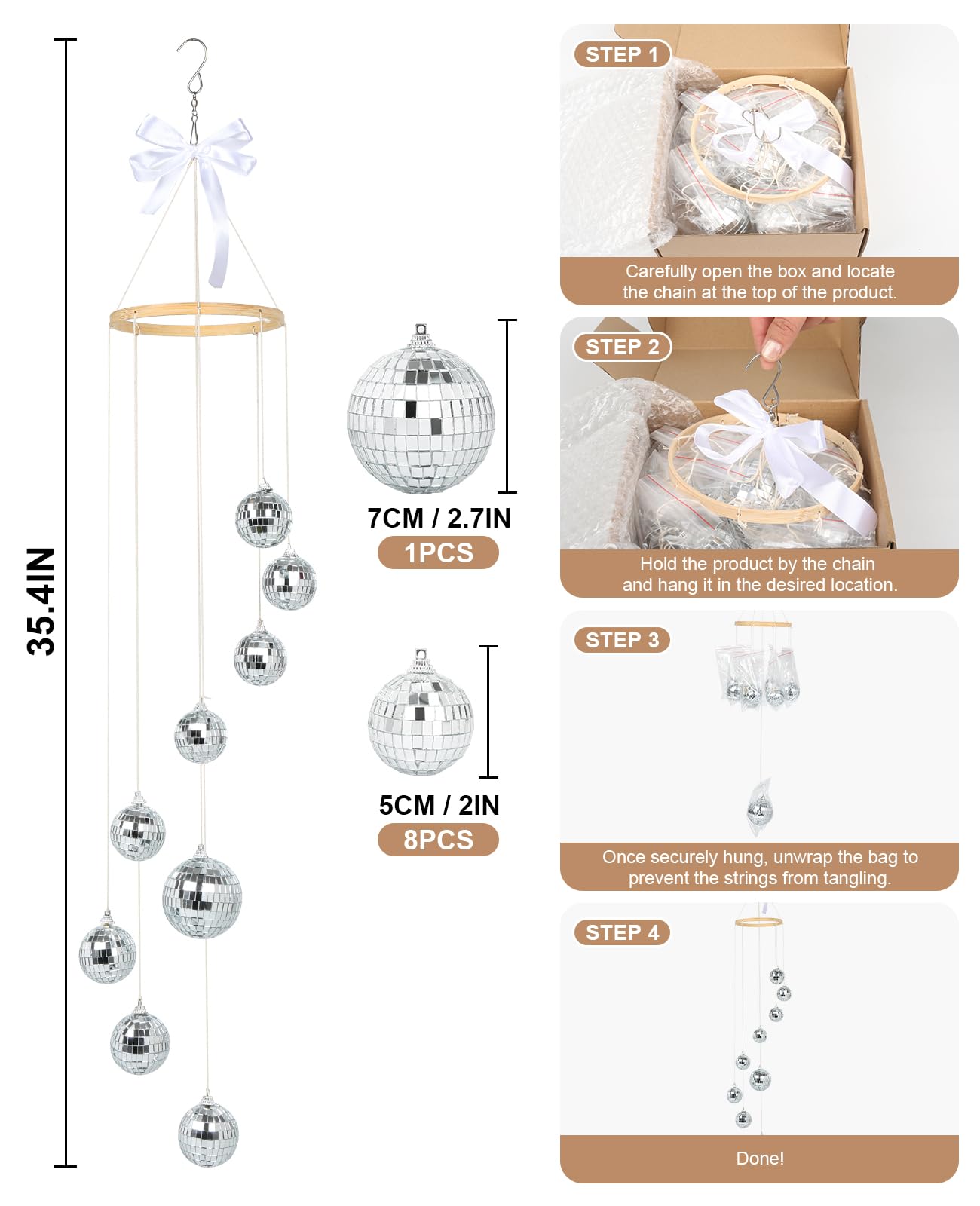 AceList Decoración de Bola de Discoteca Colgante en Espiral de 35 Pulgadas, diseño en Espiral Hecho a Mano con Grandes Bolas de Discoteca para Ventana, hogar, Fiesta, Boda, decoración de cumpleaños,