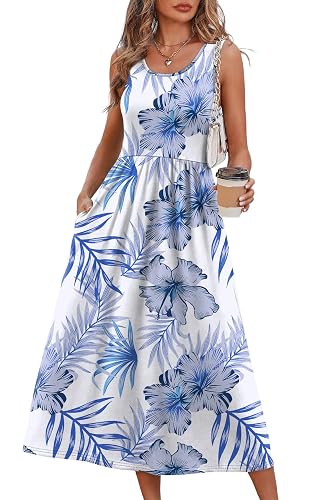 WIHOLL Summer Dresses for Women Flowy Casual Midi Dress Beach Vacation Sundresses with Pockets - Tropical Blue Floral - X-Large
