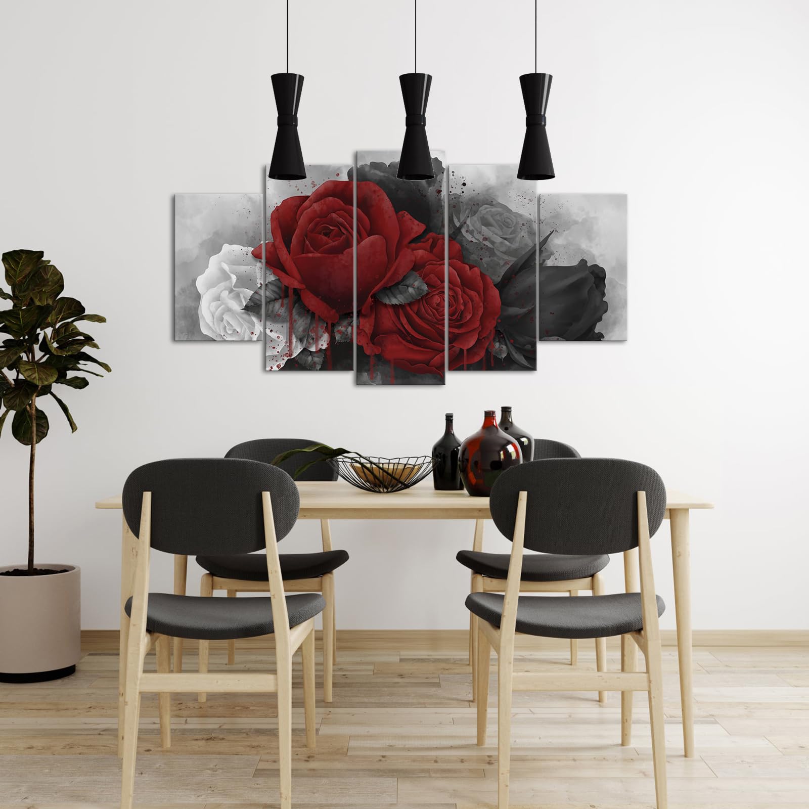 Nachic Wall Quadro Moderno 5 Pezzi - Stampe Floreali Rosse Su Tela Bianco/Nero Per Soggiorno E Camera - 5