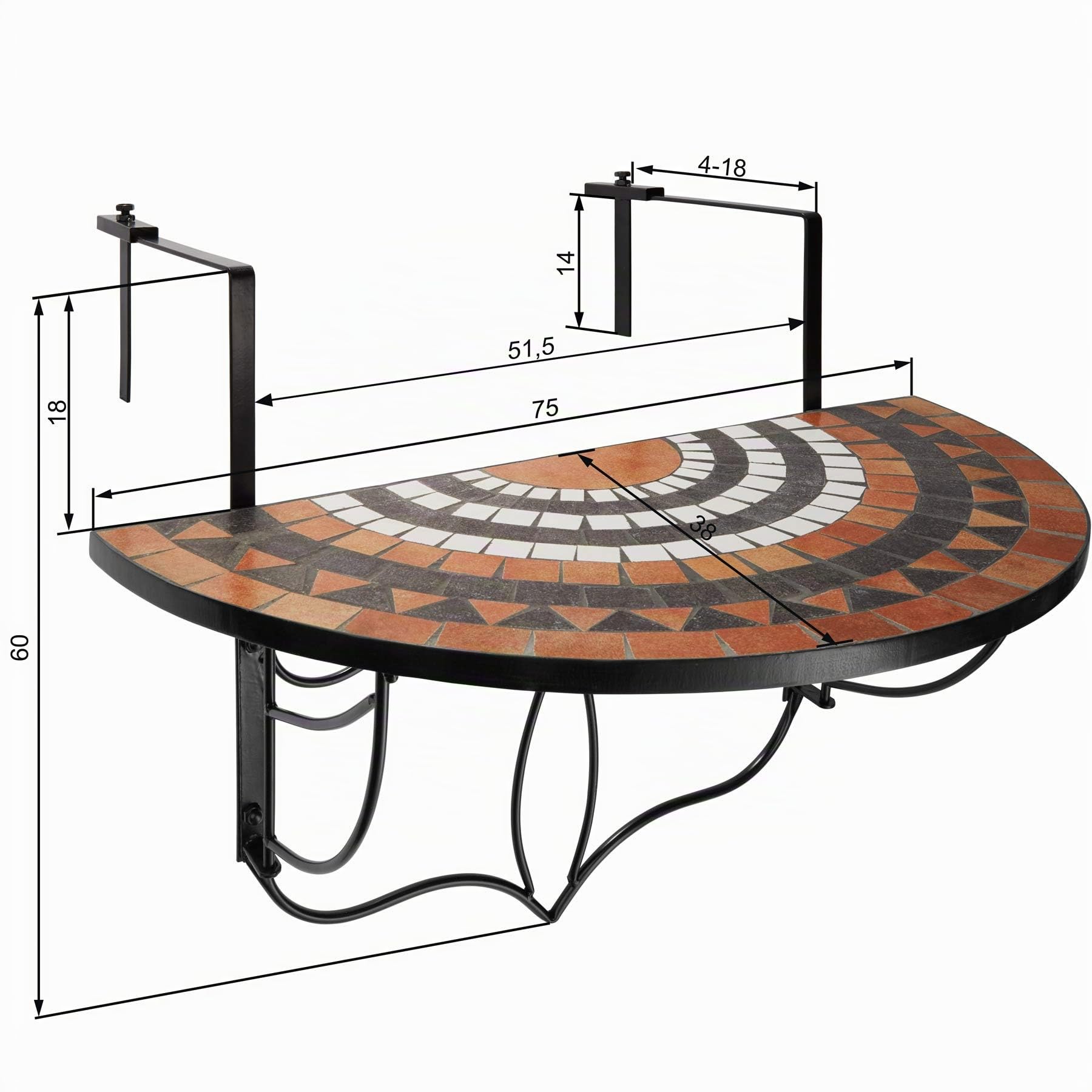 tectake® Table Balcon Suspendue et Rabattable en mosaïque de Pierre, 75x65x62 cm, Petite Table Exterieur, Plateau de Table Design Demi Lune, Max. 20 Kg, Gueridon, Decoration Balcon, Terrasse, Jardin