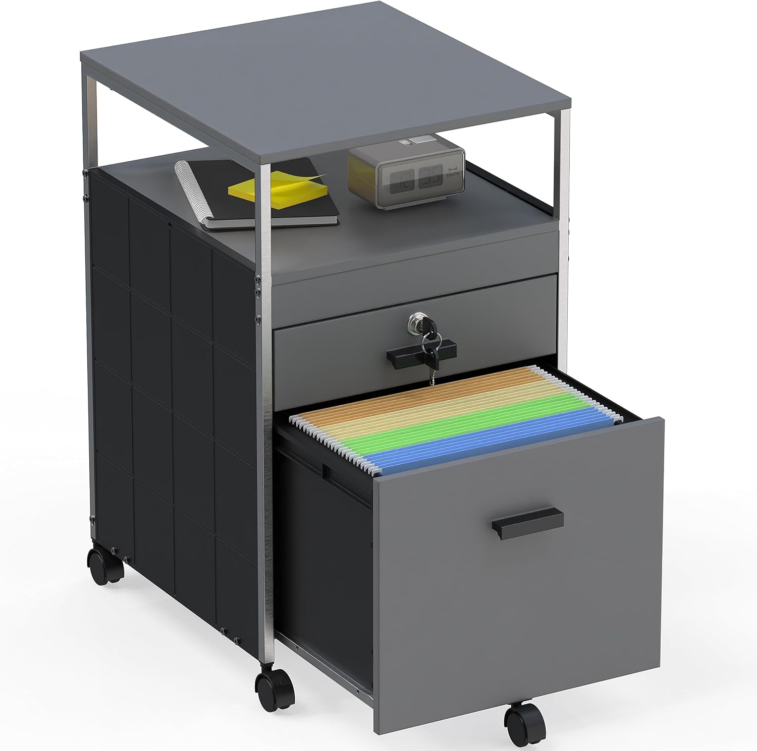 SHW Box File Rolling Mobile Cabinet with Open Shelf and Lockable Drawer, Maple