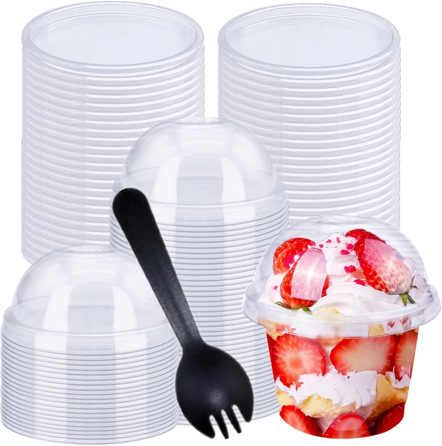 100 Pack Disposable Clear Plastic Cups w/Dome Lids Spoon Snack Bowls, Party Appetizer Serving Bowls Food Container Supplies for Ice Cream, Dessert, Cakes, Fruits, Parfaits,Puddings Jello Shots (8OZ)