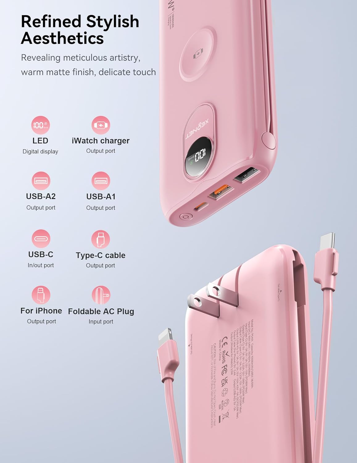 Portable Charger, 10000mAh 22.5W Fast Charging Power Bank with Built in Cable & Wall Plug, Travel Essential Battery Pack with LED Display, External Charger for iPhone 17/16, iWatch 11/10/9/8/Ultra/SE - Image 5