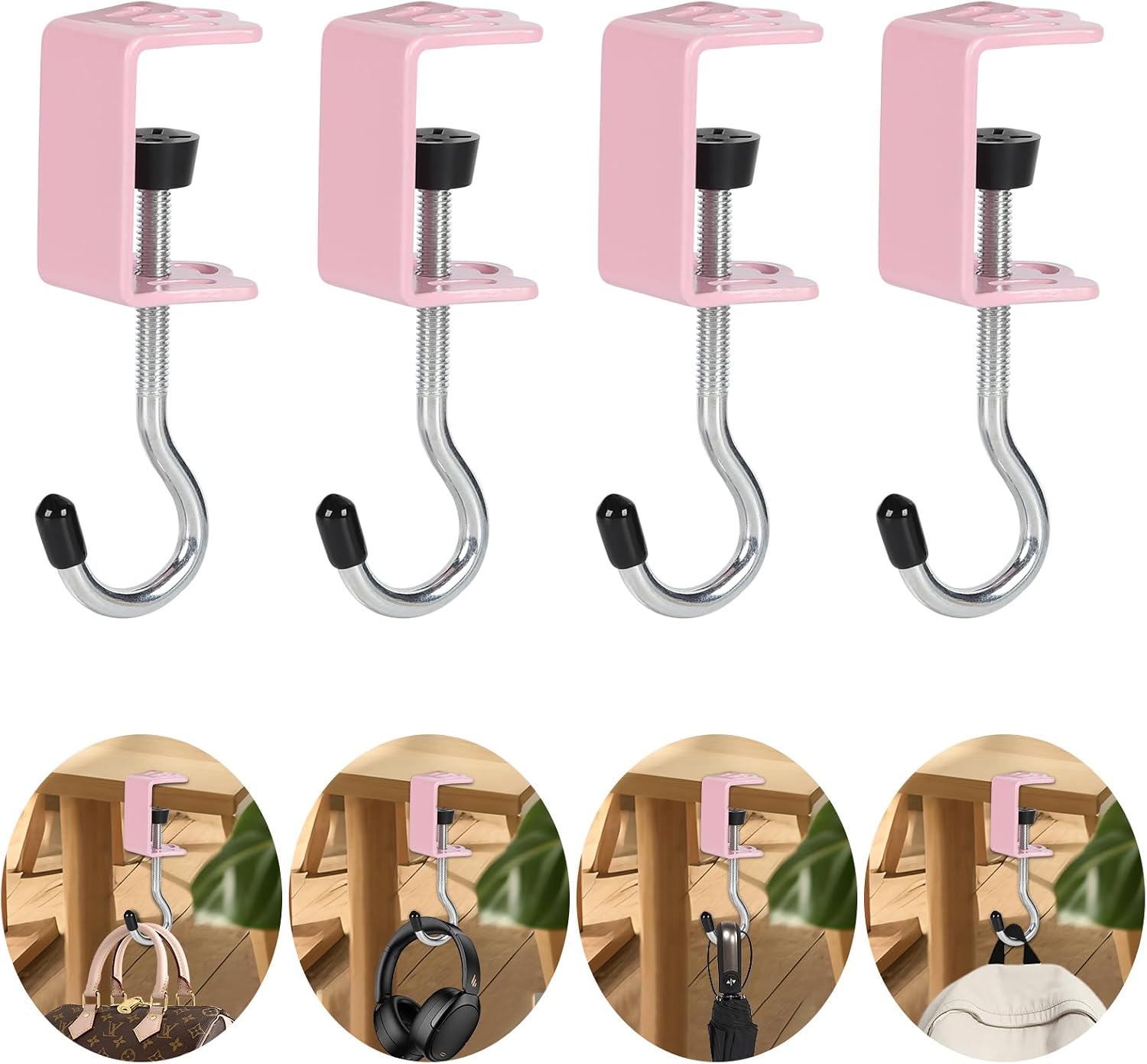 4 Pack Heavy-Duty Purse Hooks for Table & Desk - 50lb Capacity High-Strength Alloy Hanger, Multi-Use Organizer for Handbag, Backpack, Headphone, Keys, Space-Saving Office Table Accessories (Pink)