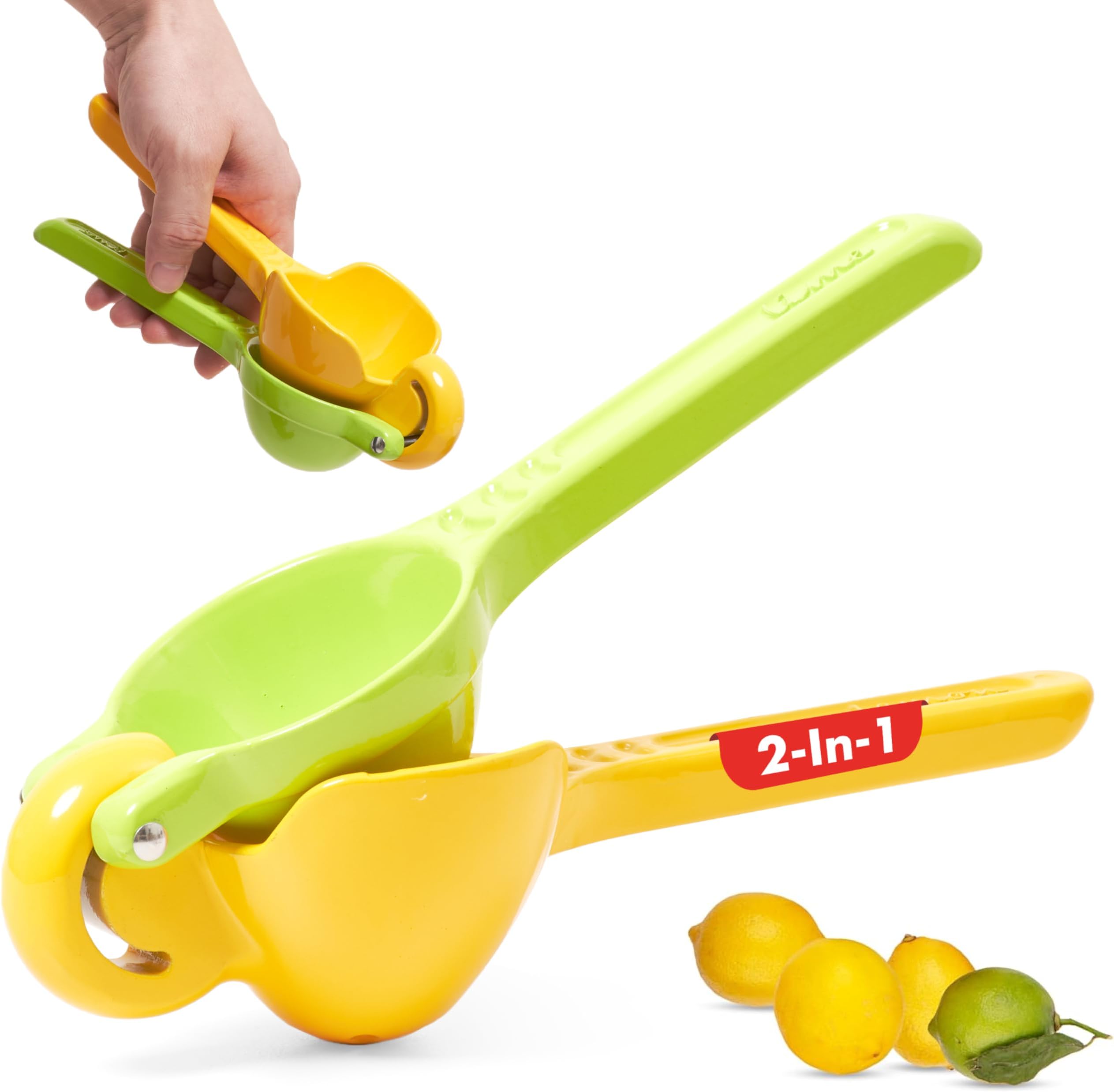 Lemon Squeezer - 2-in-1 Design - Large Solid Fruit Presser for Citrus Fruits - Green, Yellow - Aluminum Alloy - 360° Rotational Design - Max Extraction Hand Juicer, Gets Every Lasts Drop
