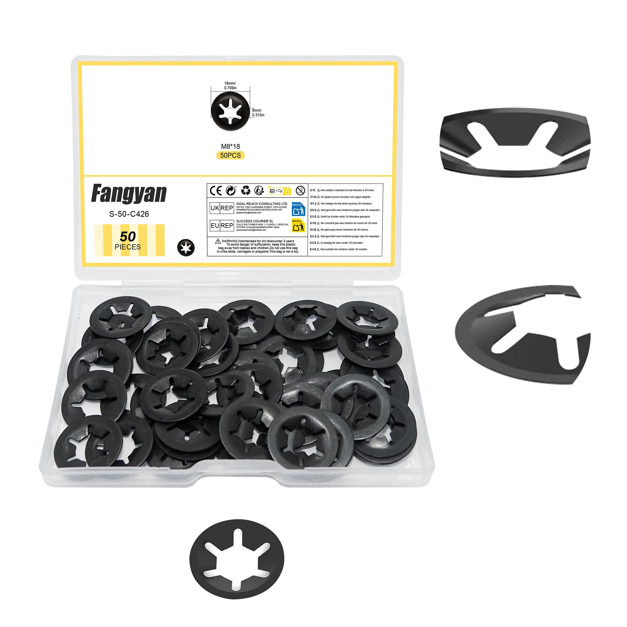 Fangyan 50Pcs M8 x 18mm Starlock Washers, Internal Tooth Quick Locking Push On Speed Clip Fasteners, 65Mn Black Alloy Lock Washers