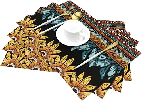 Miniatura 6 de 6 PCS PVC Placemats Set Place Mats Aboriginal Ornaments and Flower Non-Slip Weave Place Mats 12" x 18" Farmhouse Durable Table Mat Set for Family