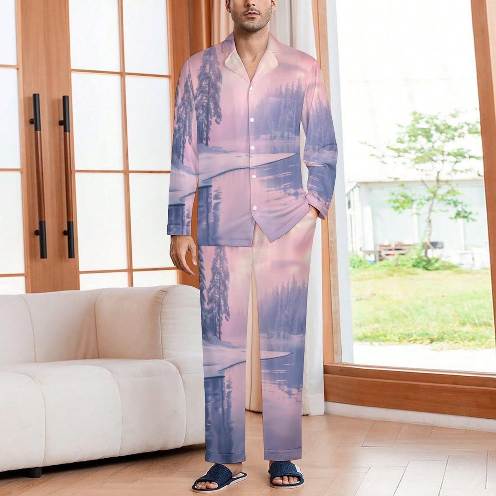Pigiama da Uomo in Bellissimo Scenario Invernale, Due Pezzi Set Completo con Camicia a Maniche Lunghe Bottoni e Pantaloni con Tasche Abbigliamento Casa Rosa