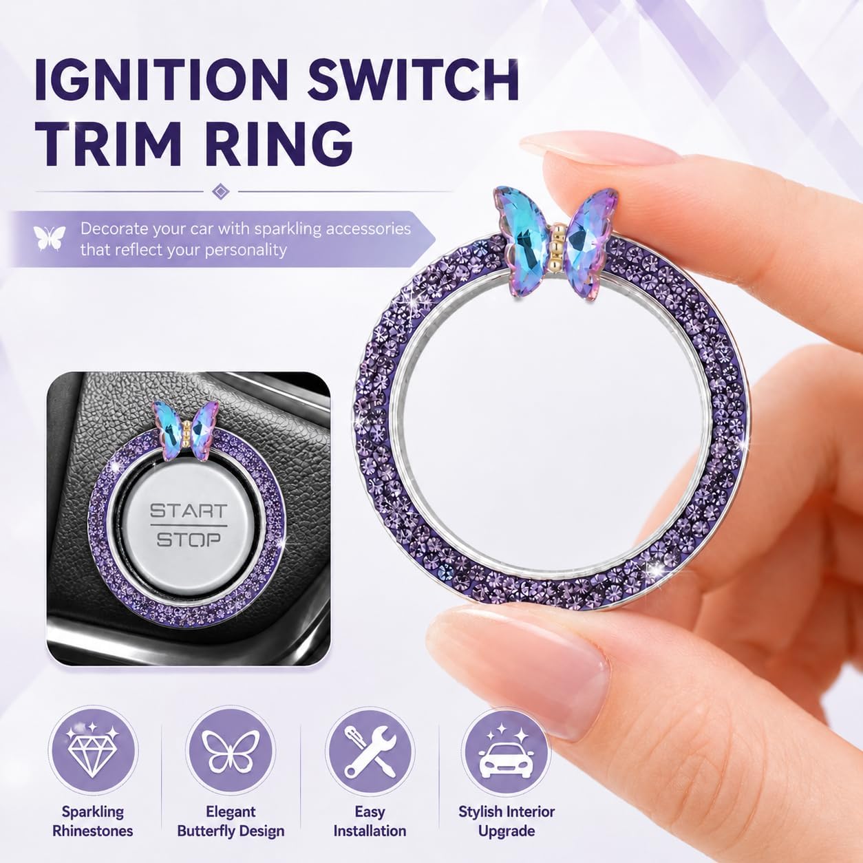 Bling Car Engine Start Stop Button Ring Cover, Crystal Rhinestone Butterfly Push Start Ignition Button Decoration Trim, Luxury Interior Accessories for Women, Universal Fit Auto Decor (Purple)