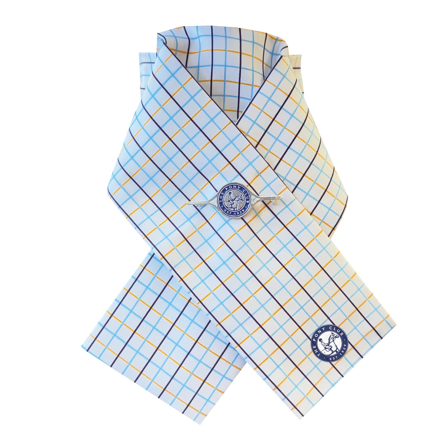 Equetech White With Blue, Yellow And Purple Check Pattern Official Pony Club Ready-Tied Riding Stock – White With Blue, Yellow & Purple Check, One Size – Equestrian Stock Tie For Competitions (Stock Pin Not Included)
