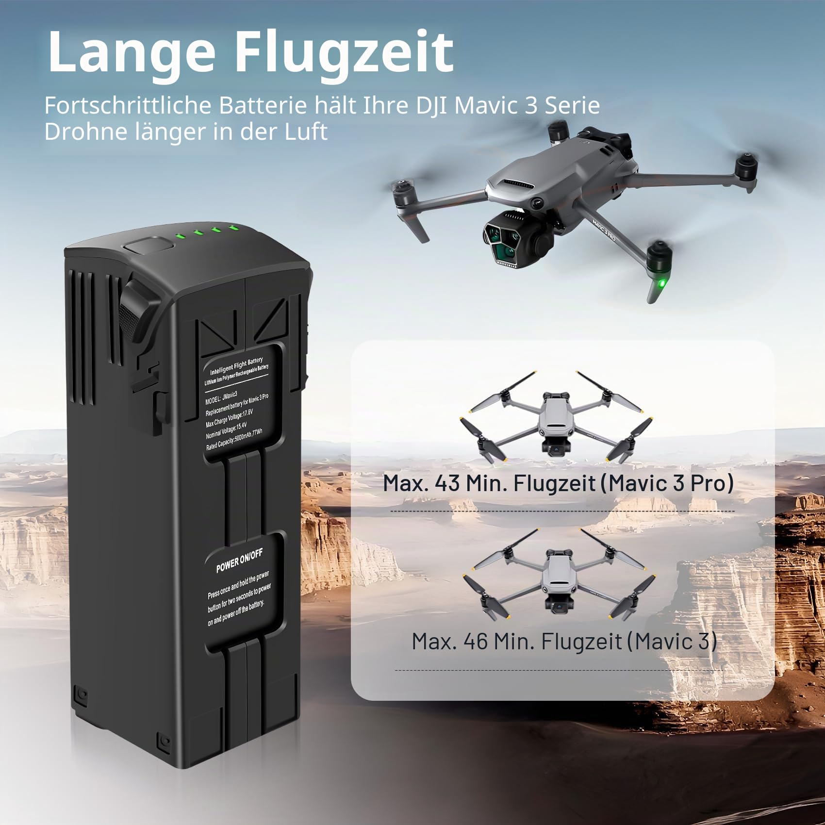 Mavic 3 Series Intelligent Flight Akku 1 Stück 15.4V 5000mAh Unterstützt bis zu 46 Minuten Flugzeit kompatibel mit DJI Mavic 3/3 Pro,Mavic 3/3 Pro Cine,Mavic 3 Classic,Mavic 3 Enterprise Serie